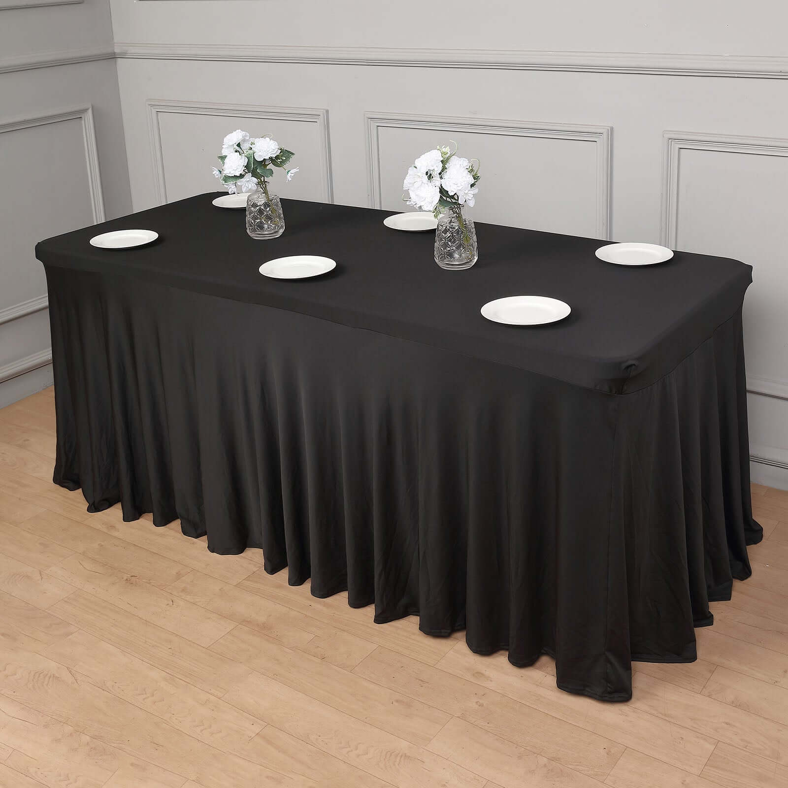 Hot! Black Spandex 72x30 Rectangle Table Skirt with Wavy Effect