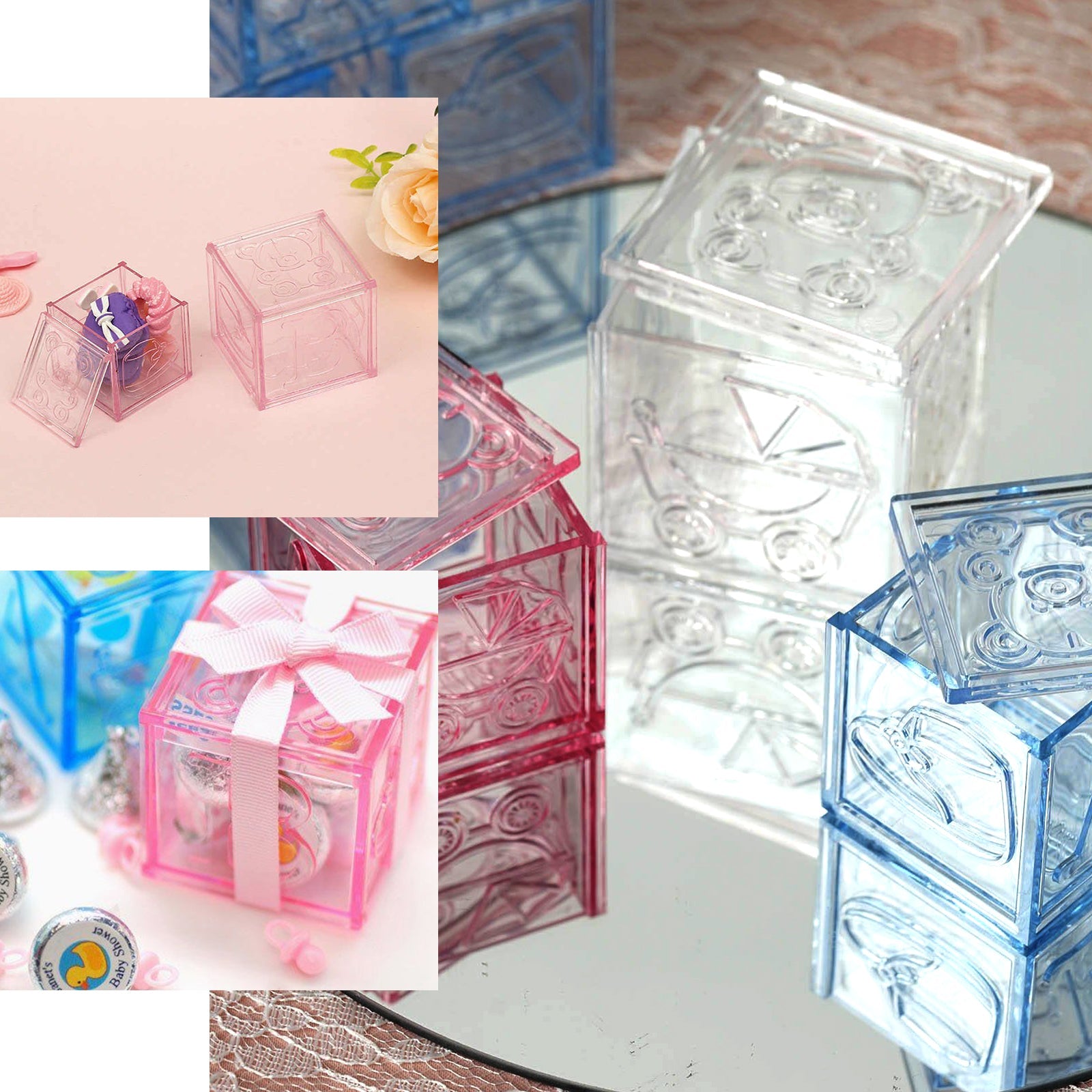 Hot Sale! 12-Pack Pink Plastic Fillable Baby Shower Candy Gift Boxes in Transparent Baby Blocks Shape