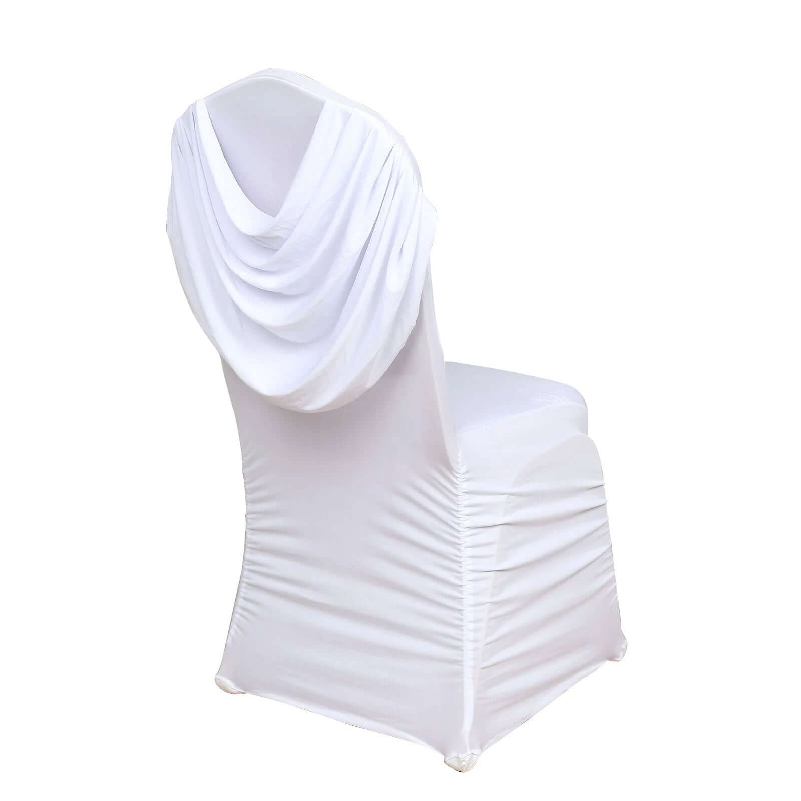 Stylish White Spandex Banquet Chair Cover with Ruched Swag Back & Foot Pockets for Weddings