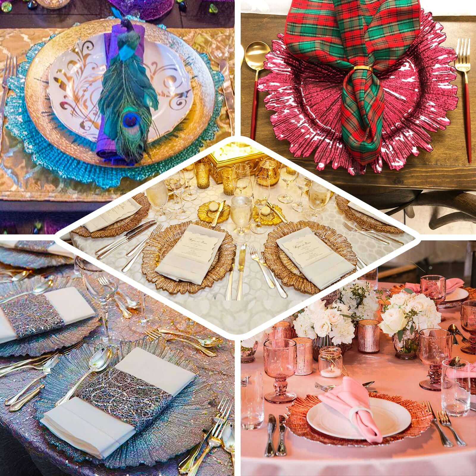 Hot Sale! 6-Pack 12-Inch Clear Plastic Round Charger Plates with Gold Brushed Scalloped Reef Rim for Party Serving