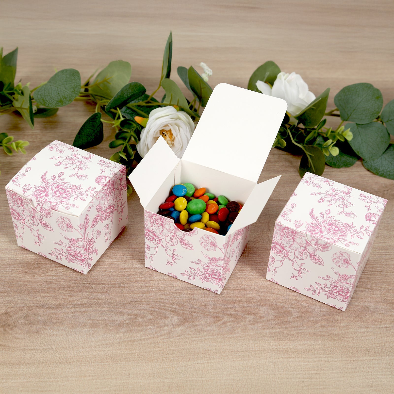 25-Pack French Toile Pattern Matte Pink and White Cardstock Candy Favor Boxes, 3x3 - Perfect for Parties