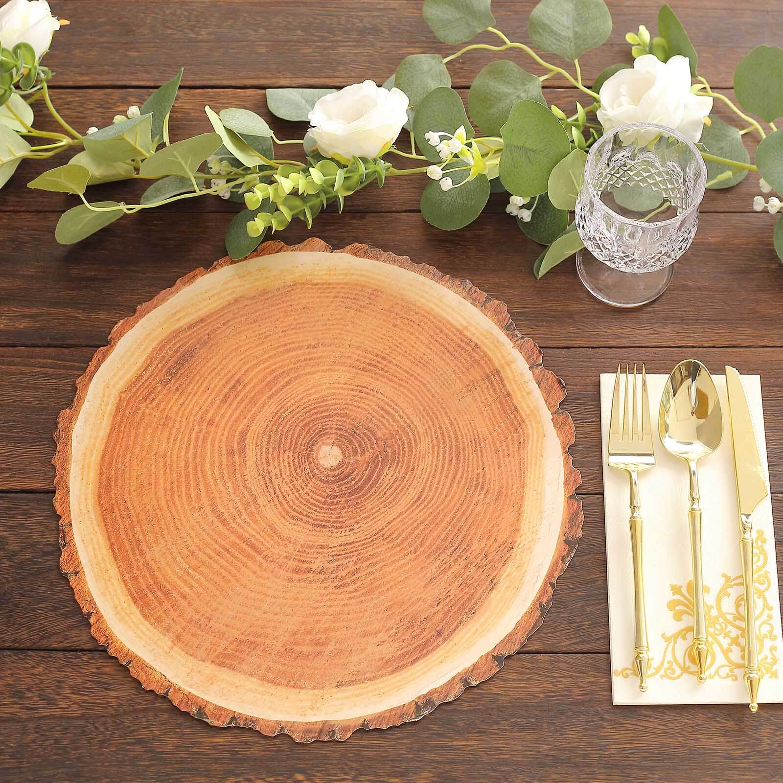 6-Pack Premium Disposable Round Cardboard Placemats with Natural Wood Slice Print, 13" Diameter
