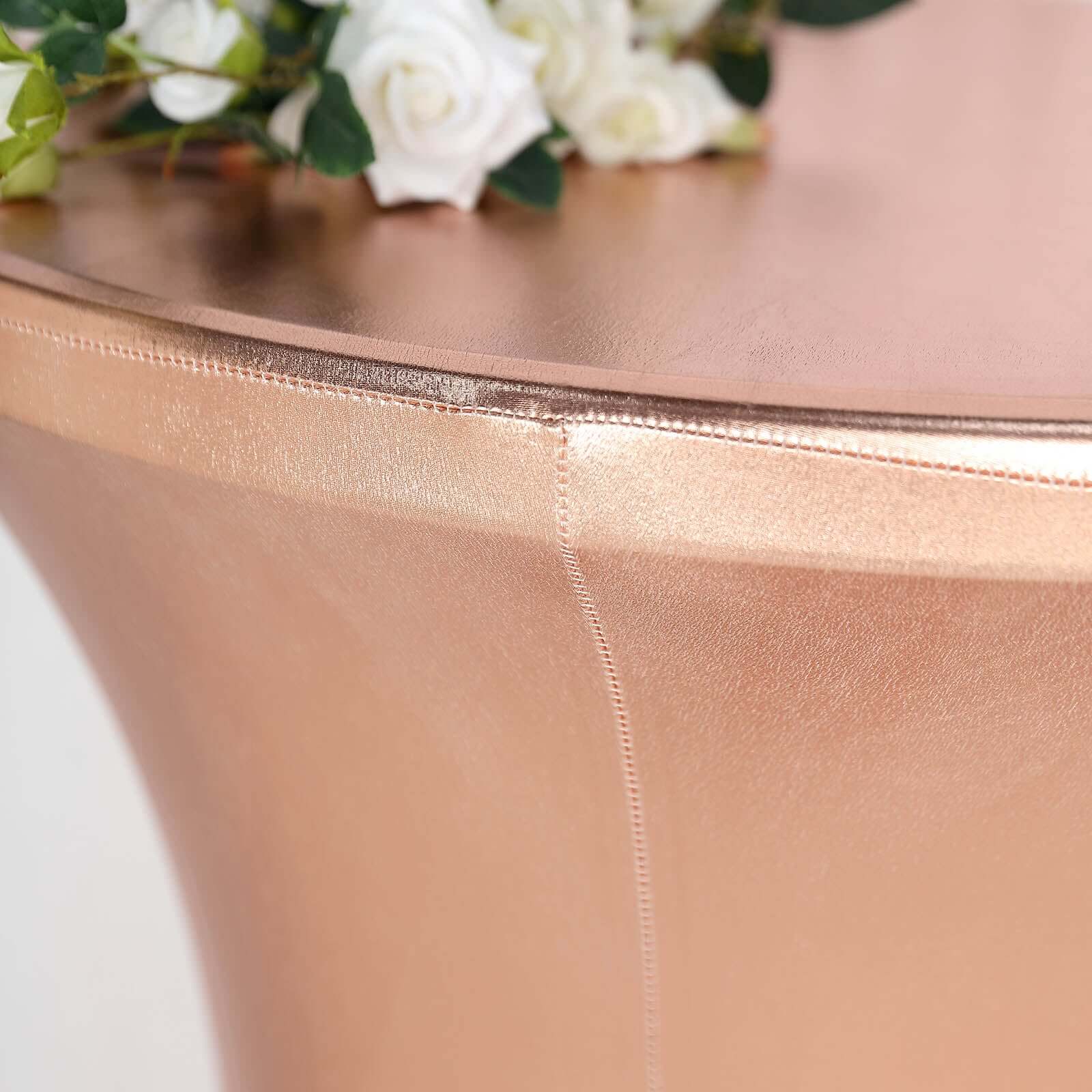 Exclusive Blush Metallic Spandex Stretch Cocktail Table Cover - 30" - 32" Diameter, Water-Resistant
