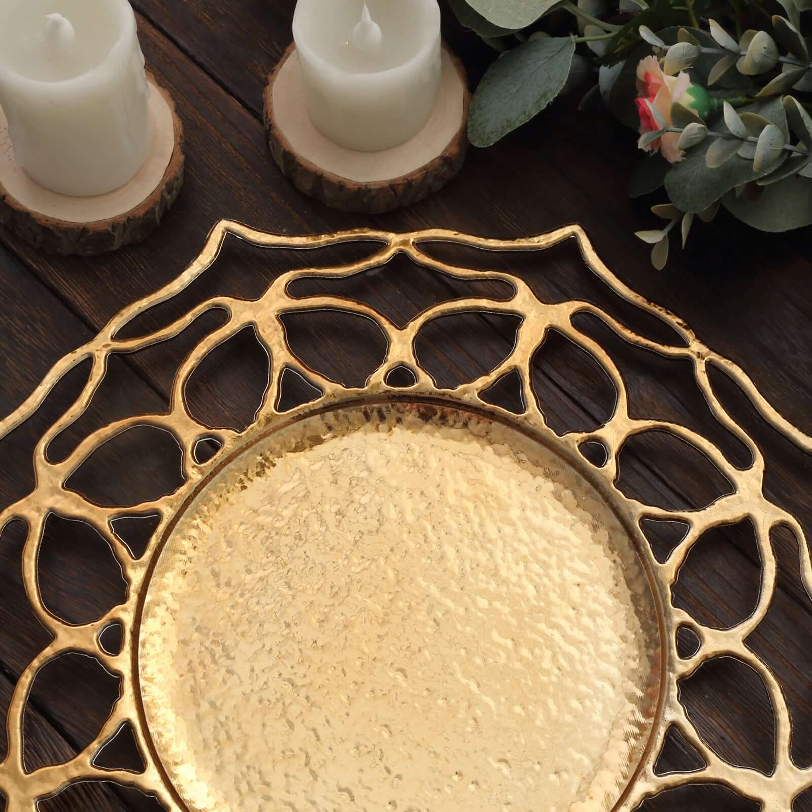 Hot Sale! 6-Pack 13-Inch Gold Acrylic Round Charger Plates with Floral Cutout Design