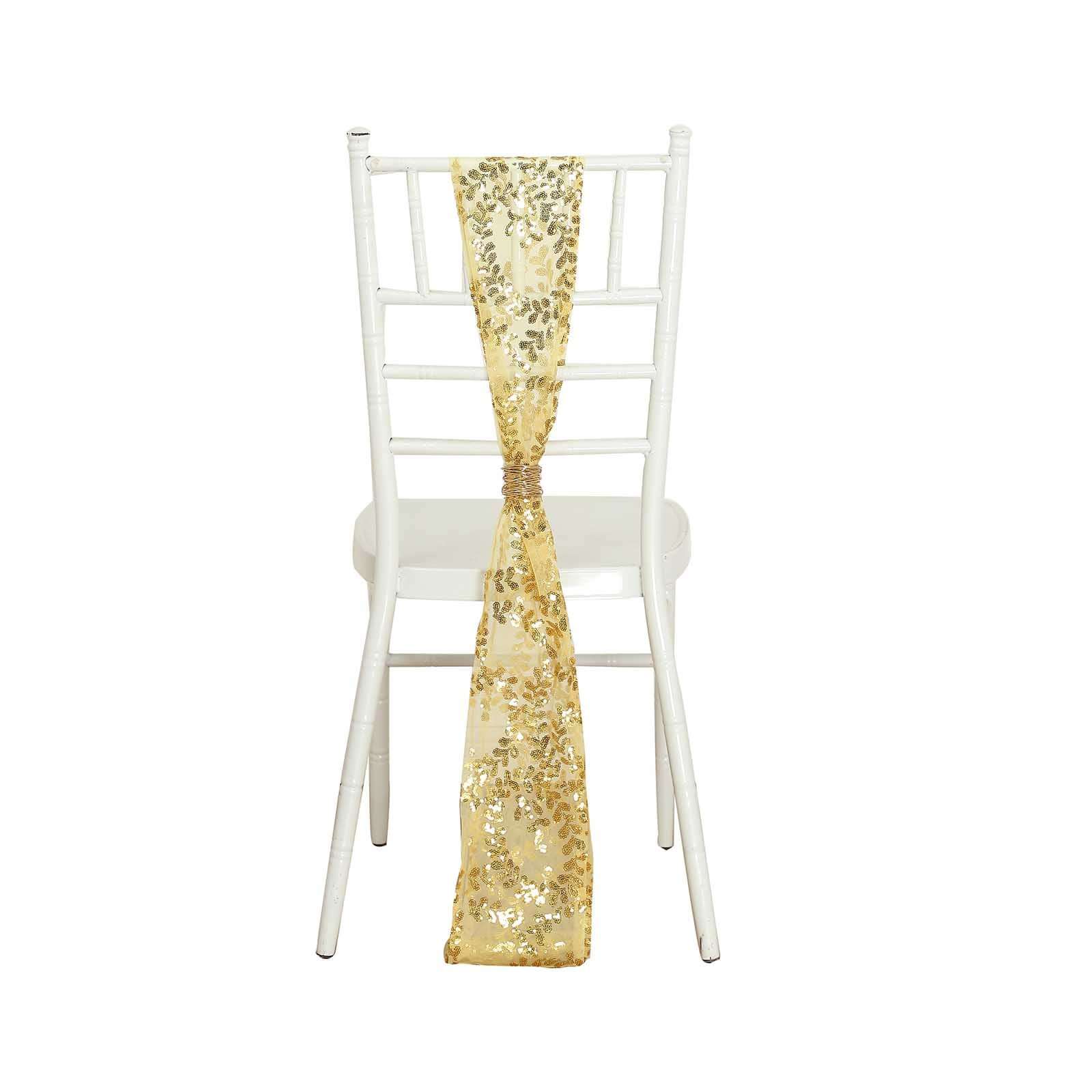 Set of 5 Gold Tulle Chair Sashes with Leaf Vine Embroidered Sequins, 6x88 - Ideal for Weddings