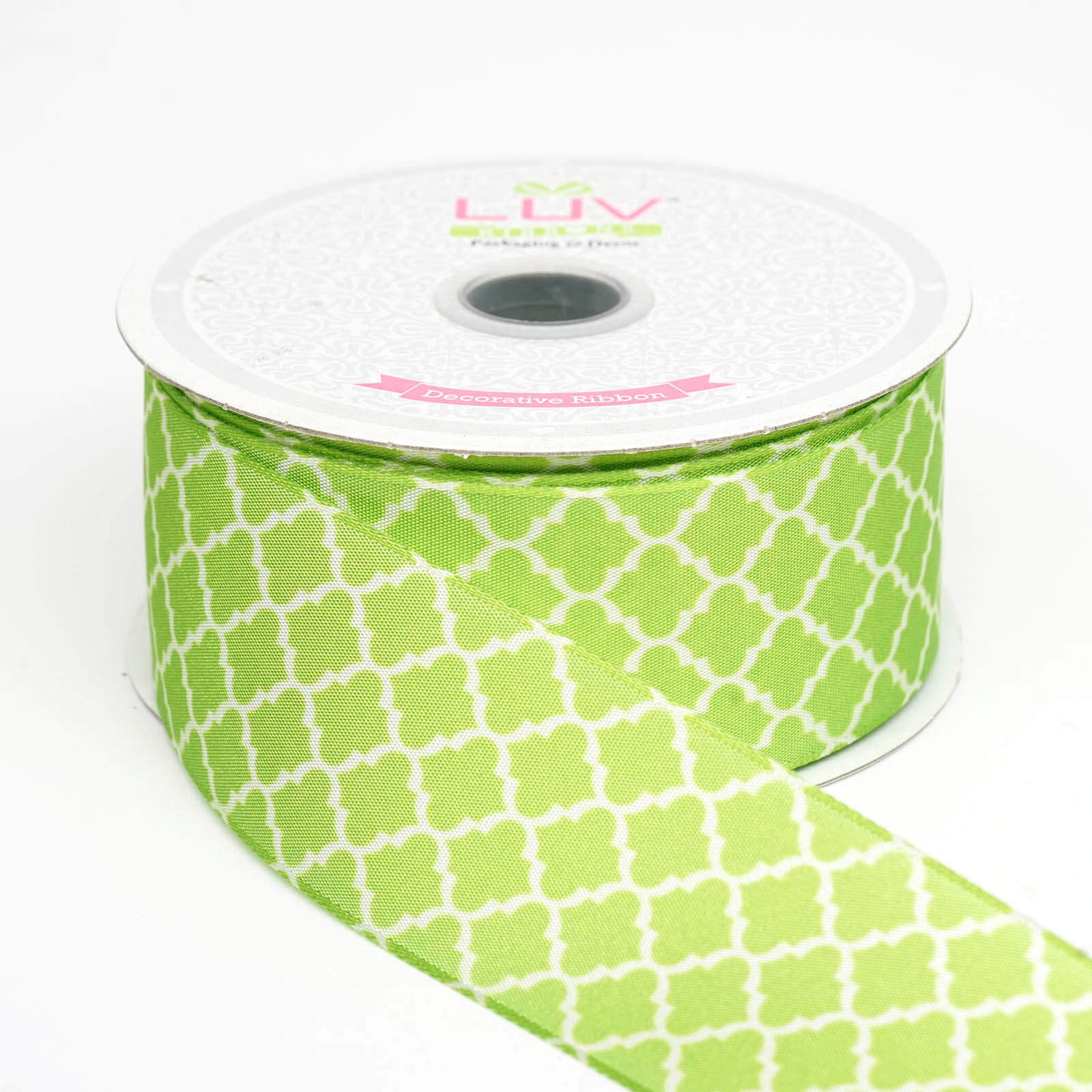 10 Yards of 1.5-Inch Apple Green Quatrefoil Geometric Pattern Grosgrain Ribbon
