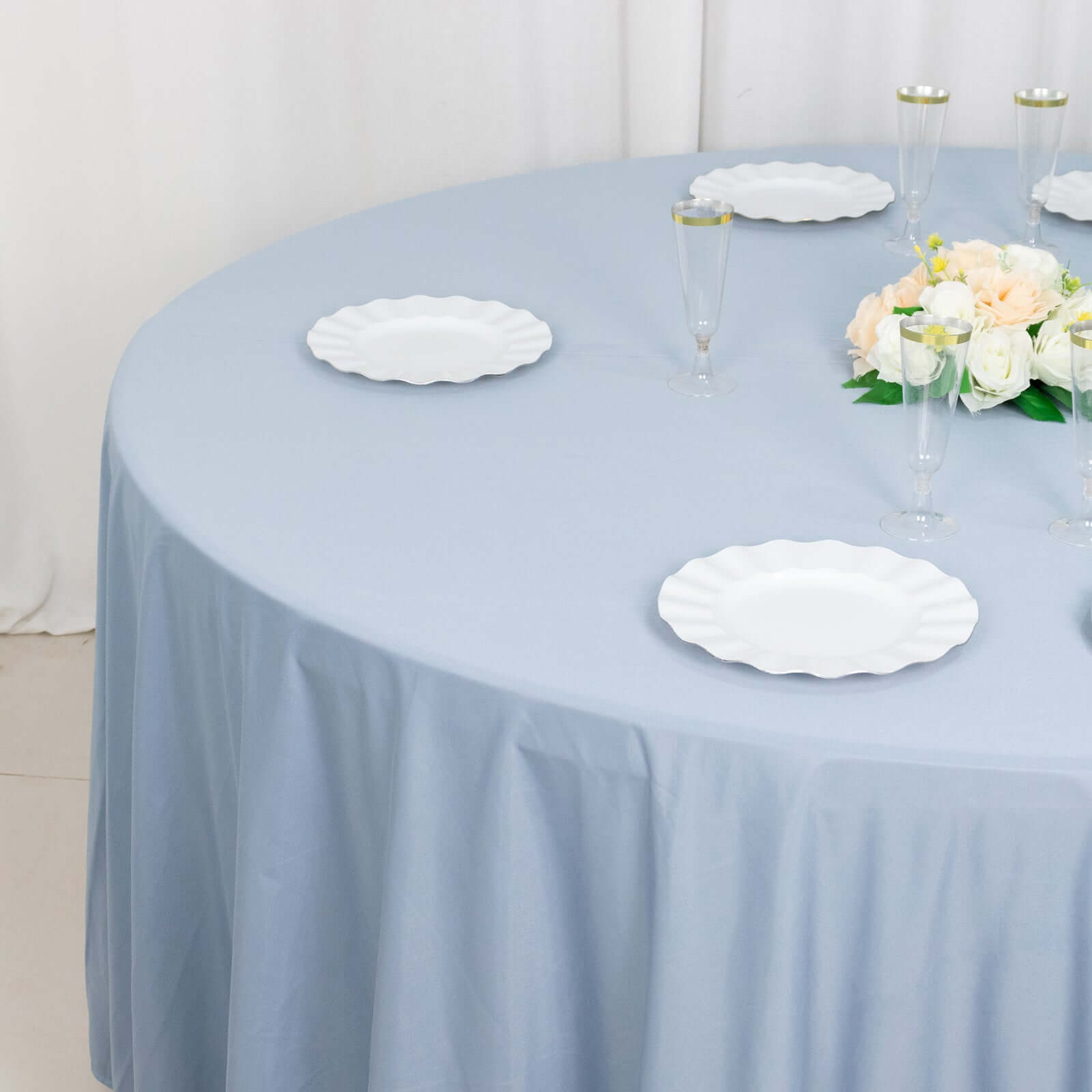 Exclusive Dusty Blue 120' Scuba Round Tablecloth - Wrinkle & Stain Free