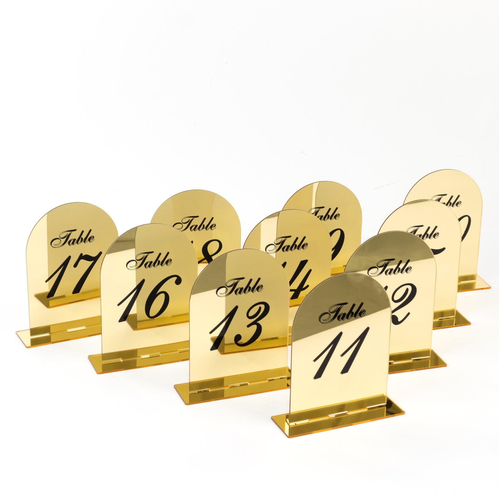 Gold Mirror Arch Acrylic Wedding Table Numbers (11 - 20) - 6x7 Signs with Black Print & Stands