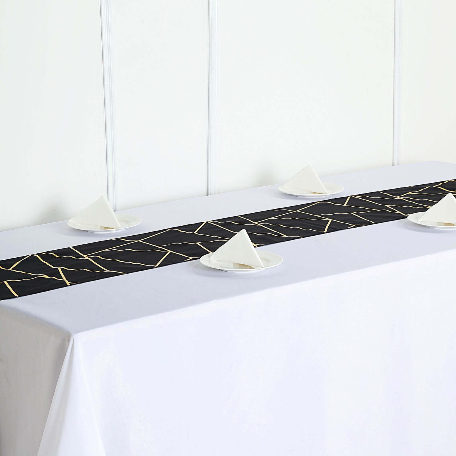 9ft Black Polyester Table Runner with Stunning Gold Foil Geometric Accent