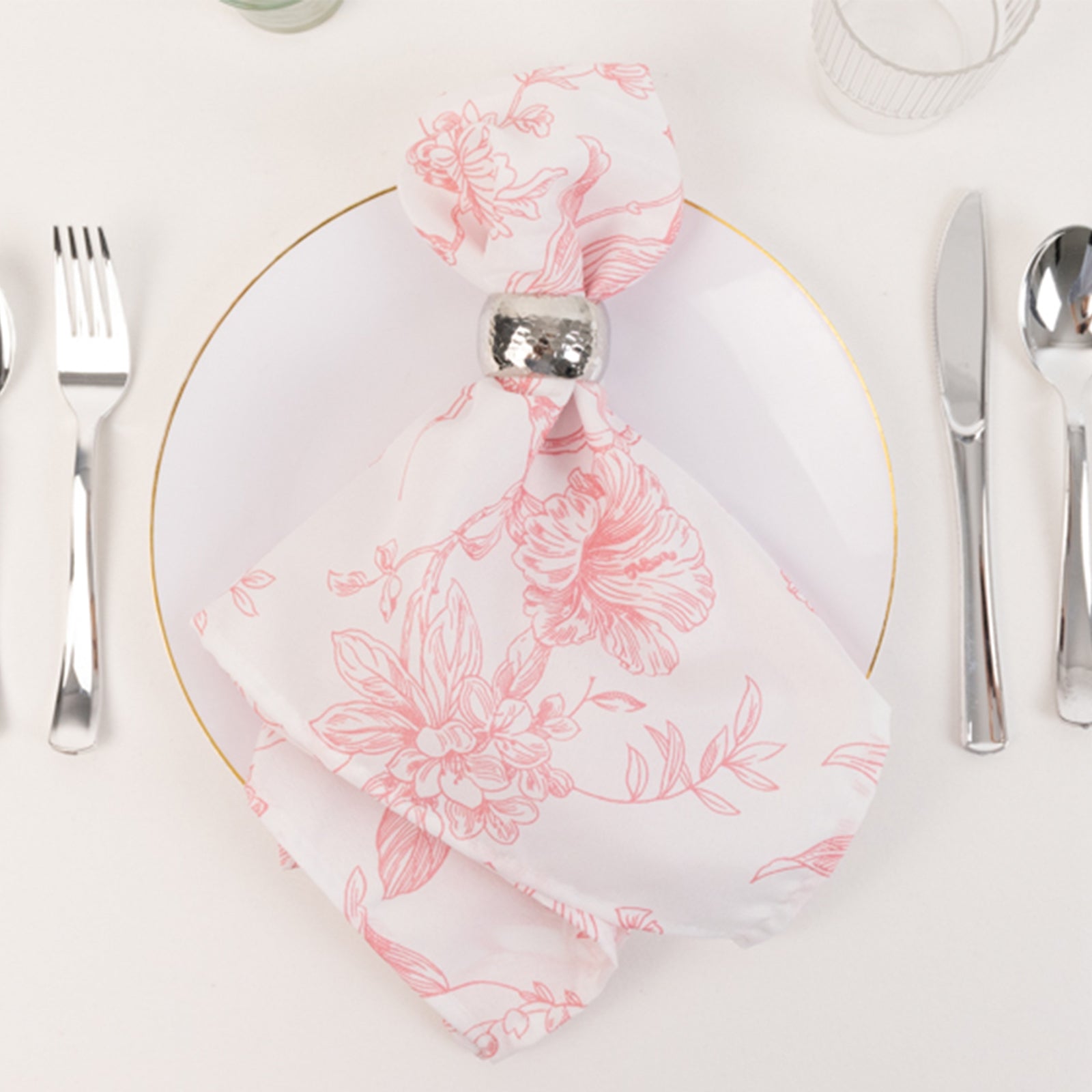 Hot Deal! 5-Pack 20x20 Pink & White French Toile Floral Polyester Reusable Dinner Napkins