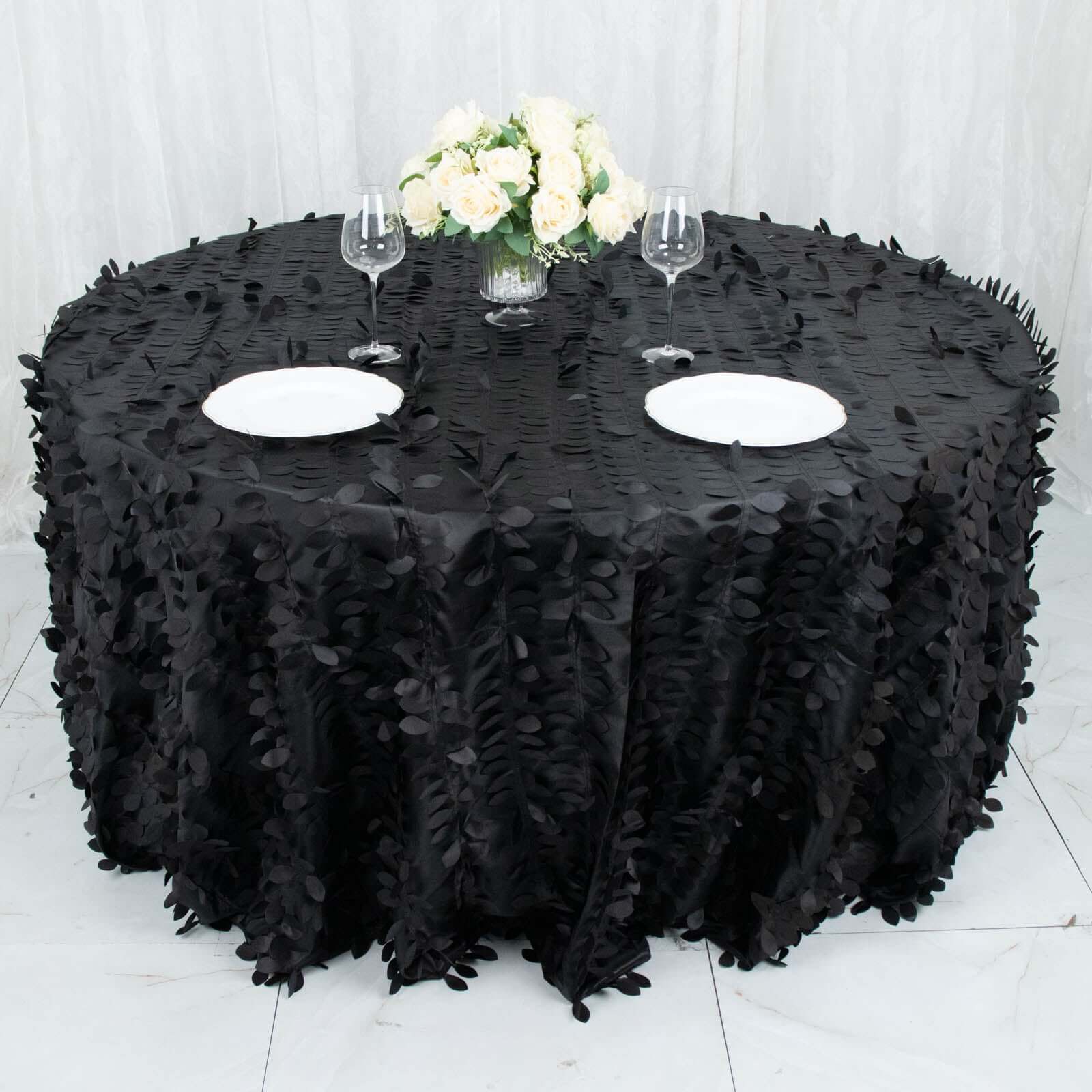 Black 132-Inch Round Taffeta Tablecloth with 3D Leaf Petal Seamless Design
