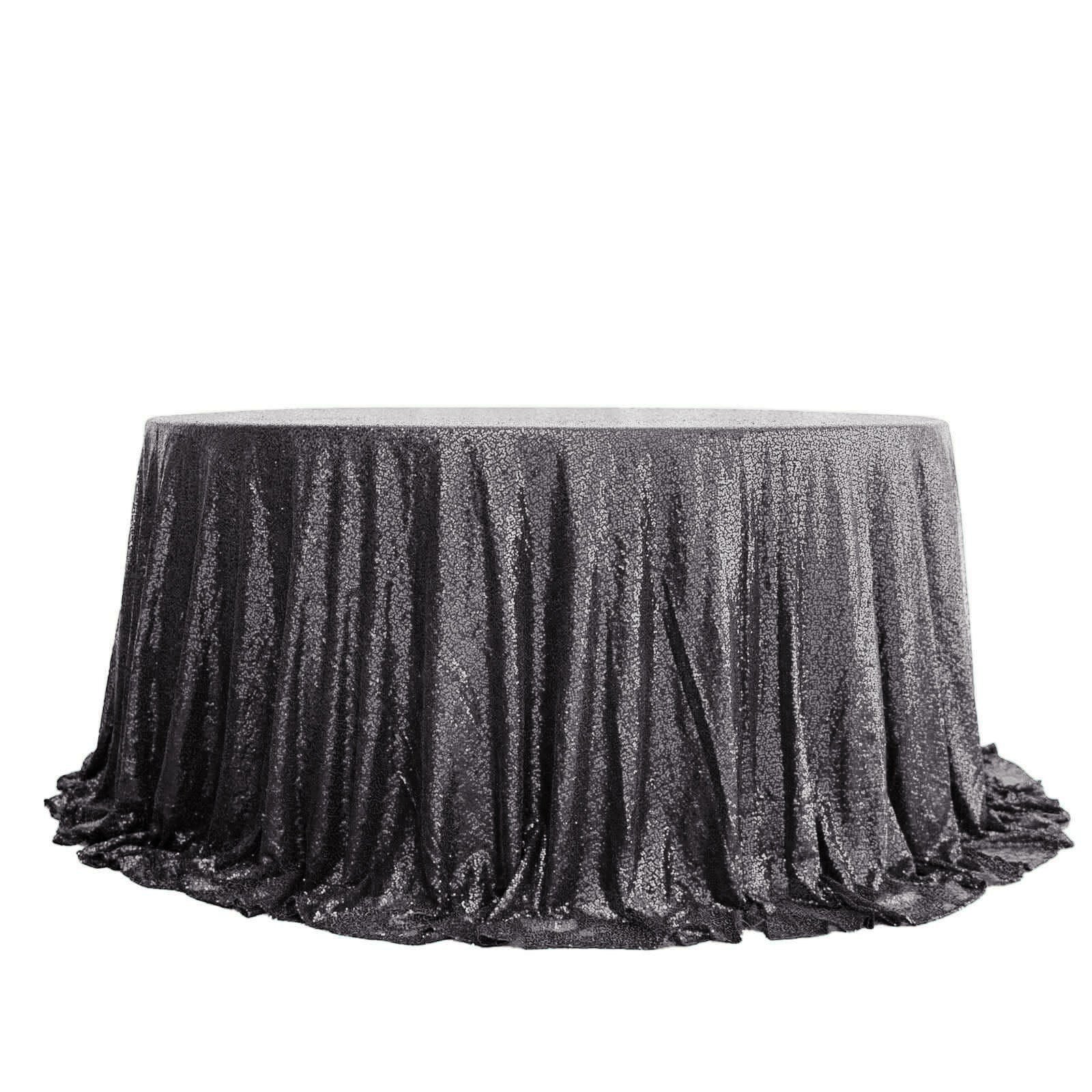 Black Seamless 132-inch Round Sequin Tablecloth for Stunning Decor