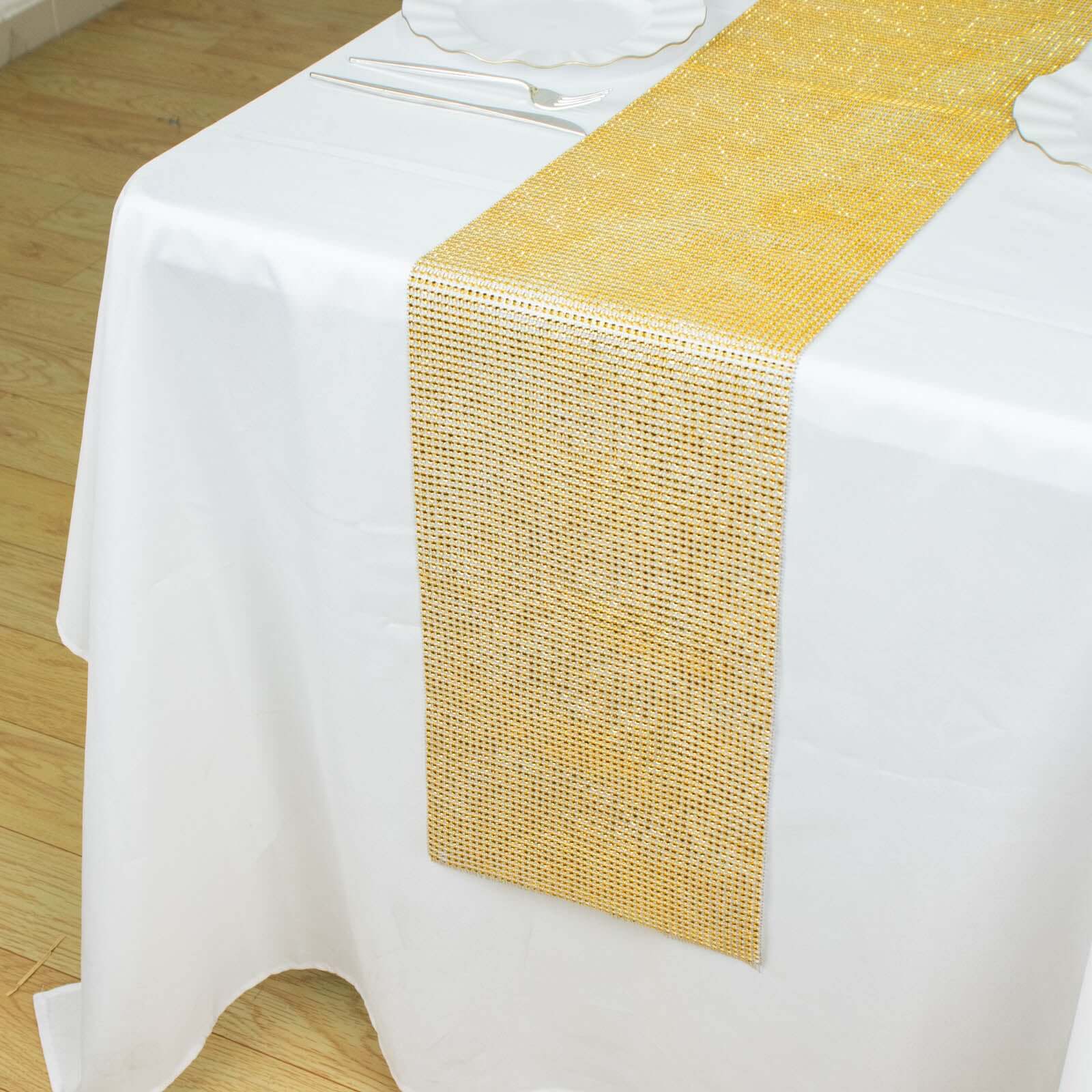 Hot Sale! 10x108 Gold Plastic Table Runner with Luxurious Diamond Mesh Shine