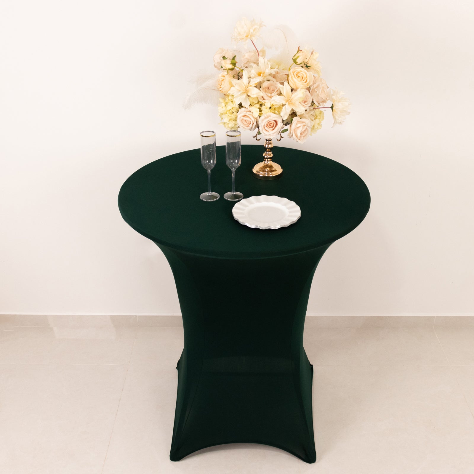 Hunter Emerald Green Spandex Stretch Cocktail Table Cover - Easy Maintenance, Fits 33'-36' Tables