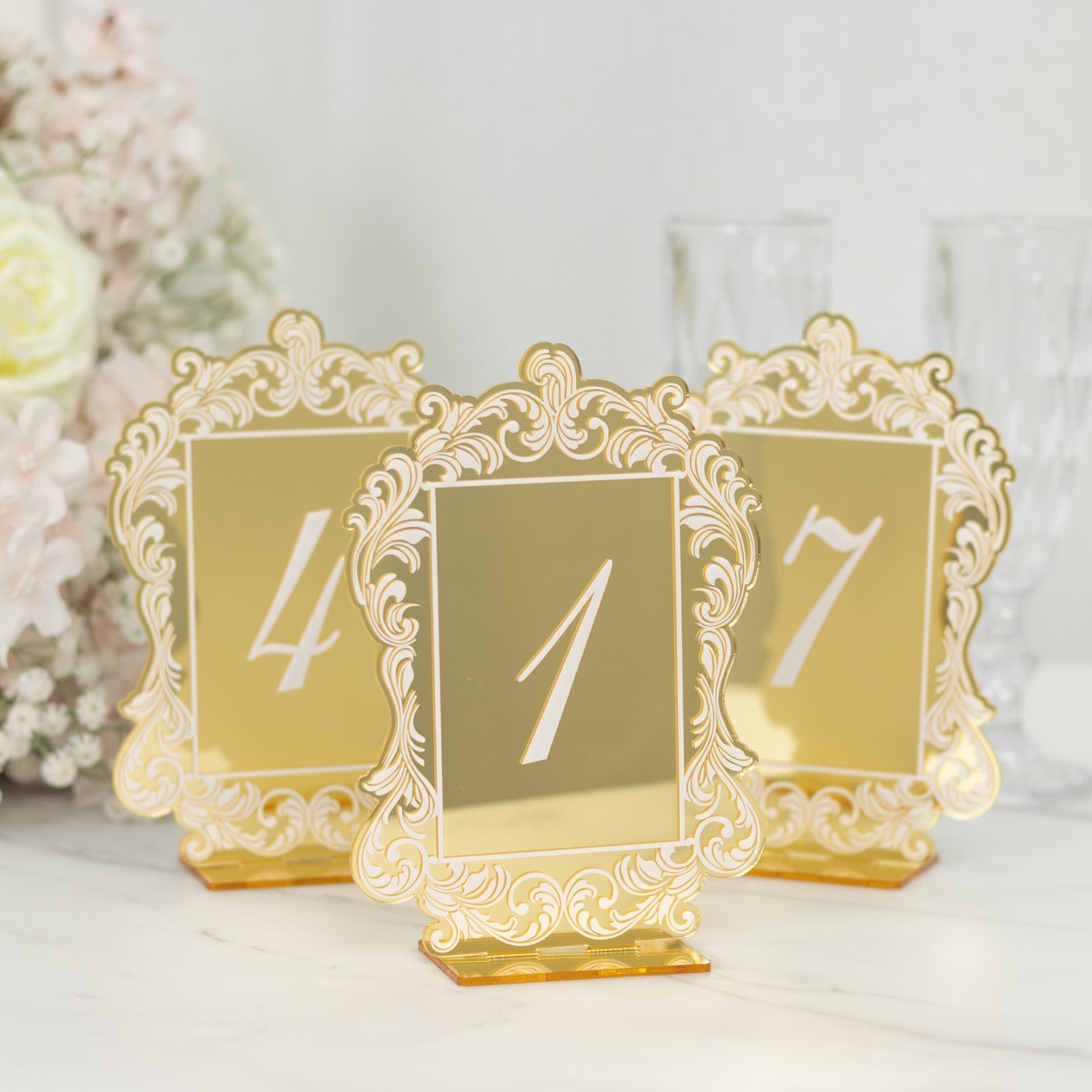 Hot Sale! 10-piece Gold & White Acrylic Wedding Table Numbers (1 - 10) with Baroque Lace Border & Stands