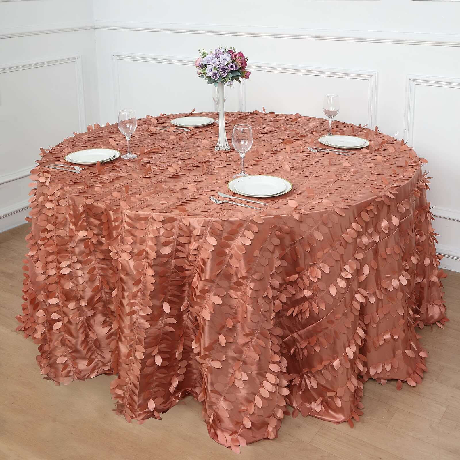 Exclusive 132' Round Taffeta Tablecloth in Terracotta (Rust) with 3D Leaf Petal Design