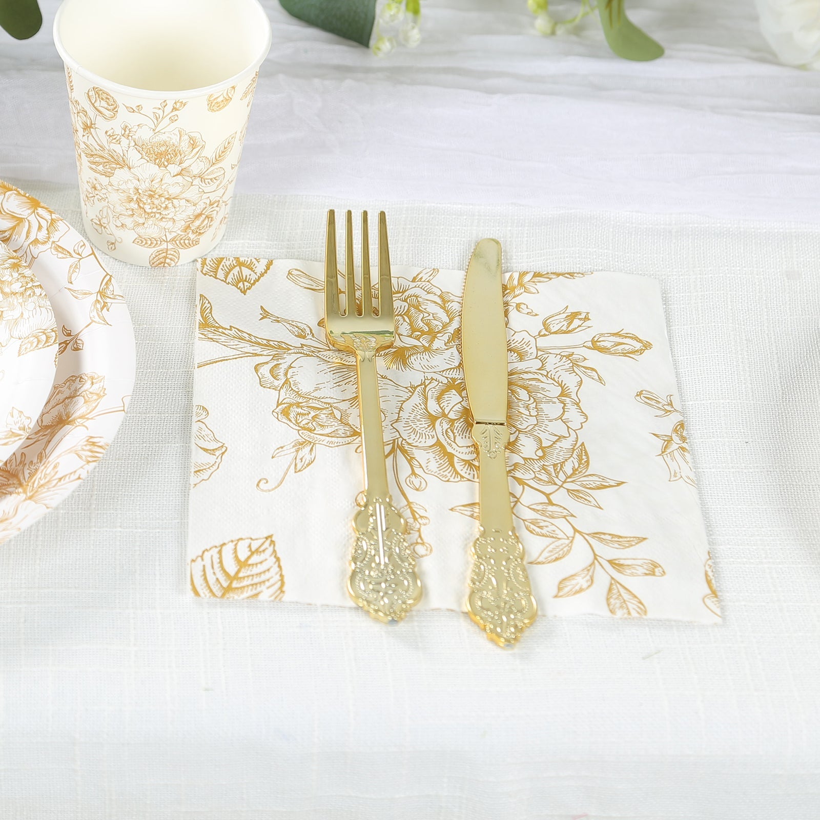 50-Piece Pack of Soft 2-Ply French Toile Floral Patterned Paper Cocktail Napkins in White/Gold - Ideal for Events