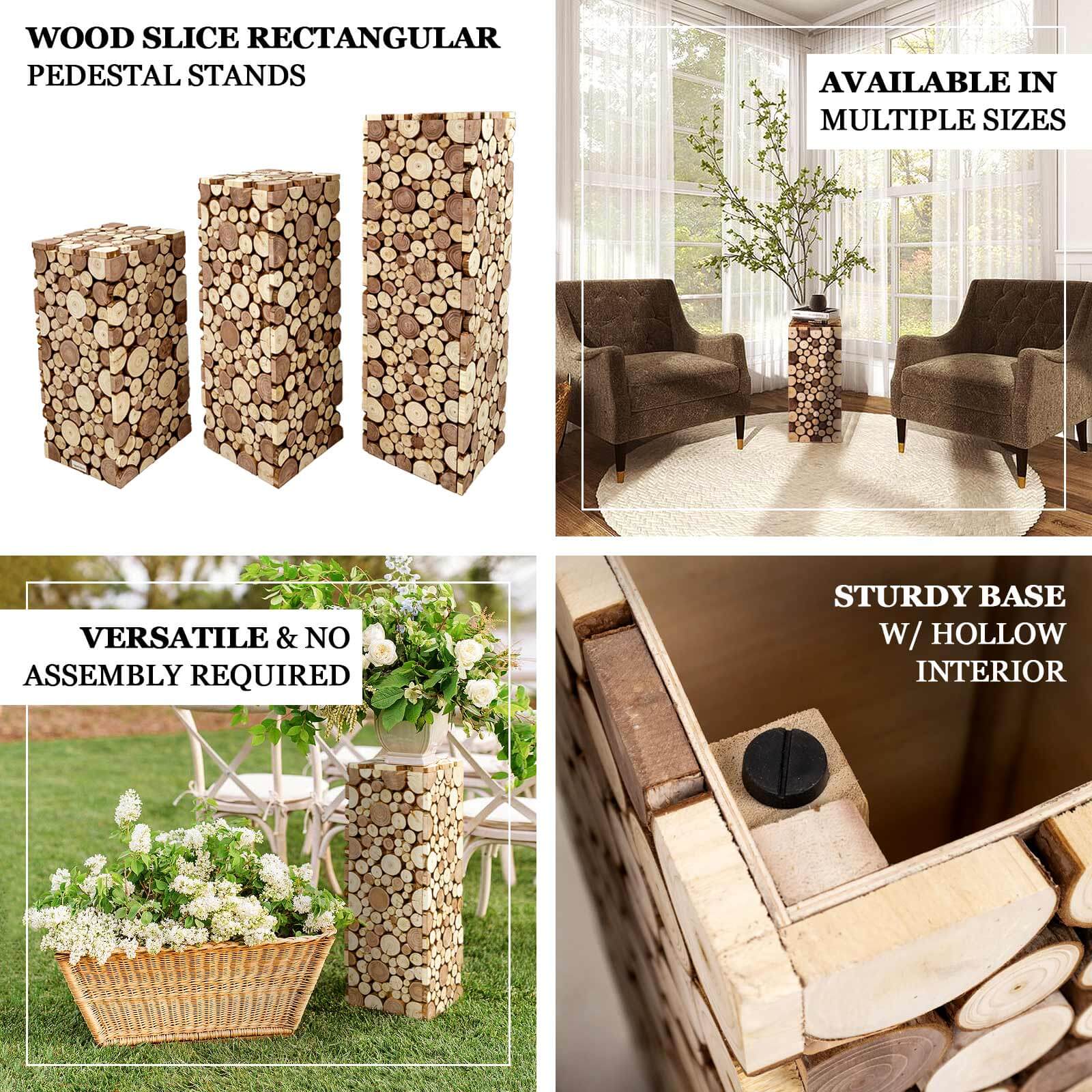 36" Natural Wooden Rectangular Pedestal Stand - Ideal for Rustic Decor