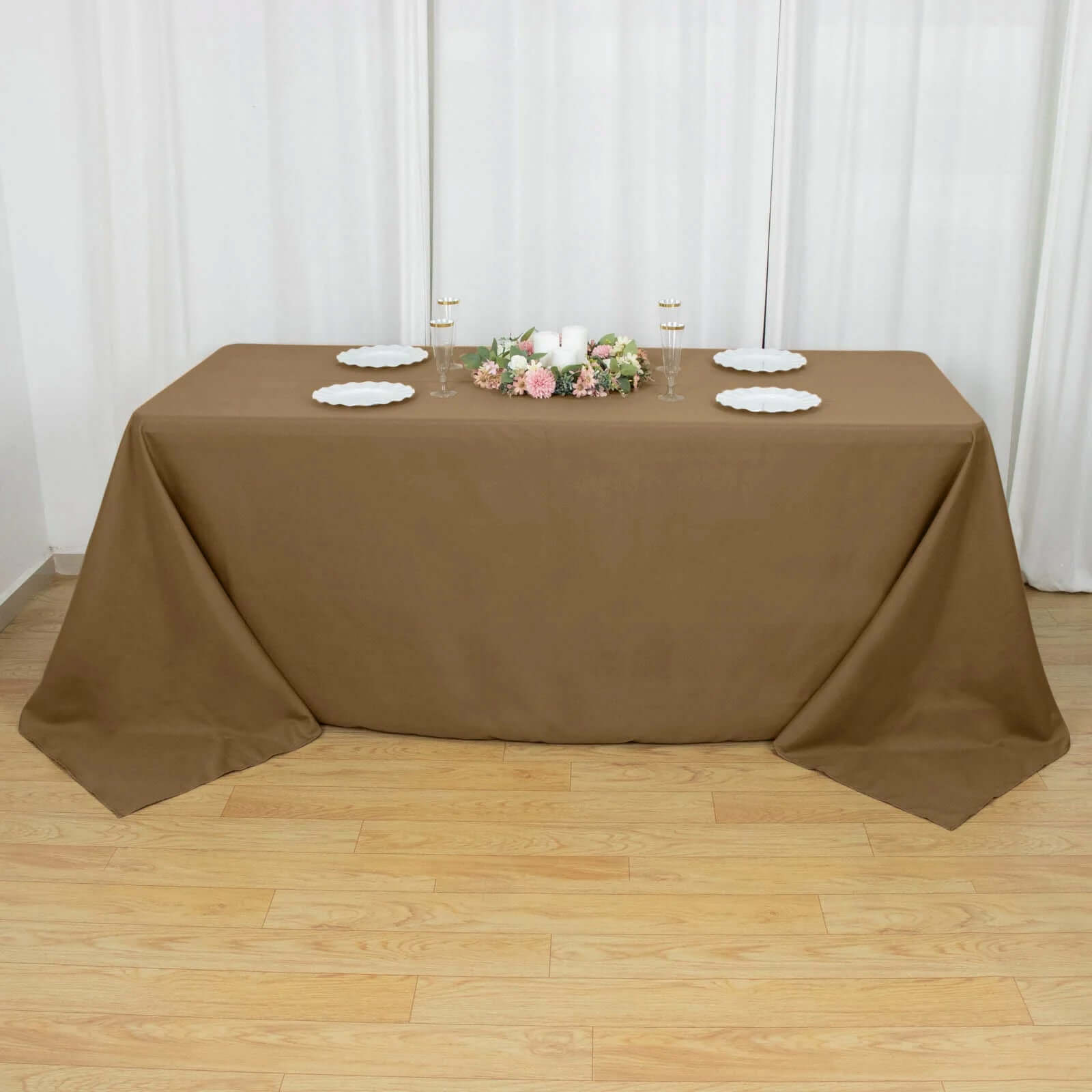 Get This Seamless, Wrinkle-Resistant 90x132 Polyester Rectangle Taupe Tablecloth Now!