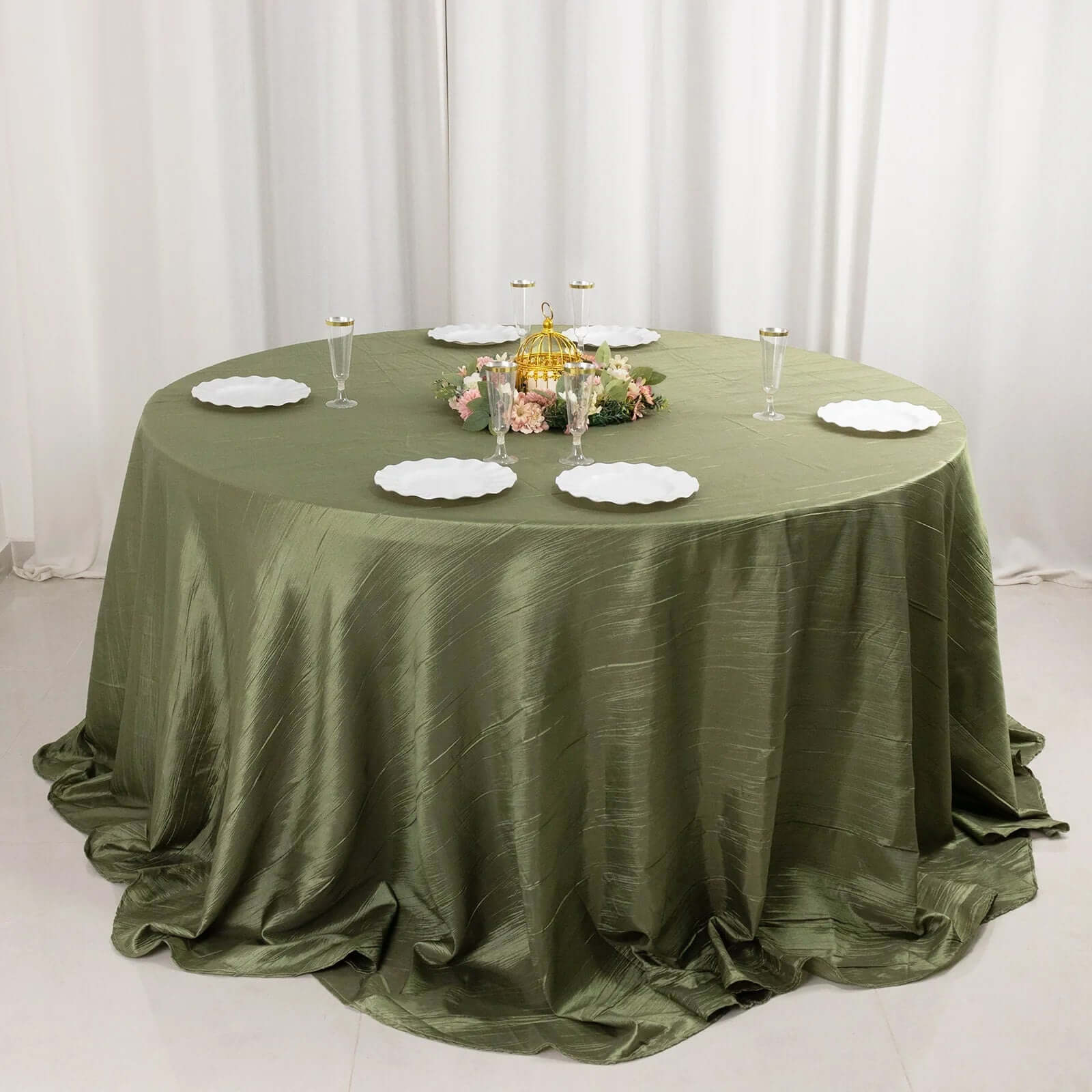 Hot! Seamless Crinkle Taffeta 132' Round Tablecloth in Dusty Sage Green