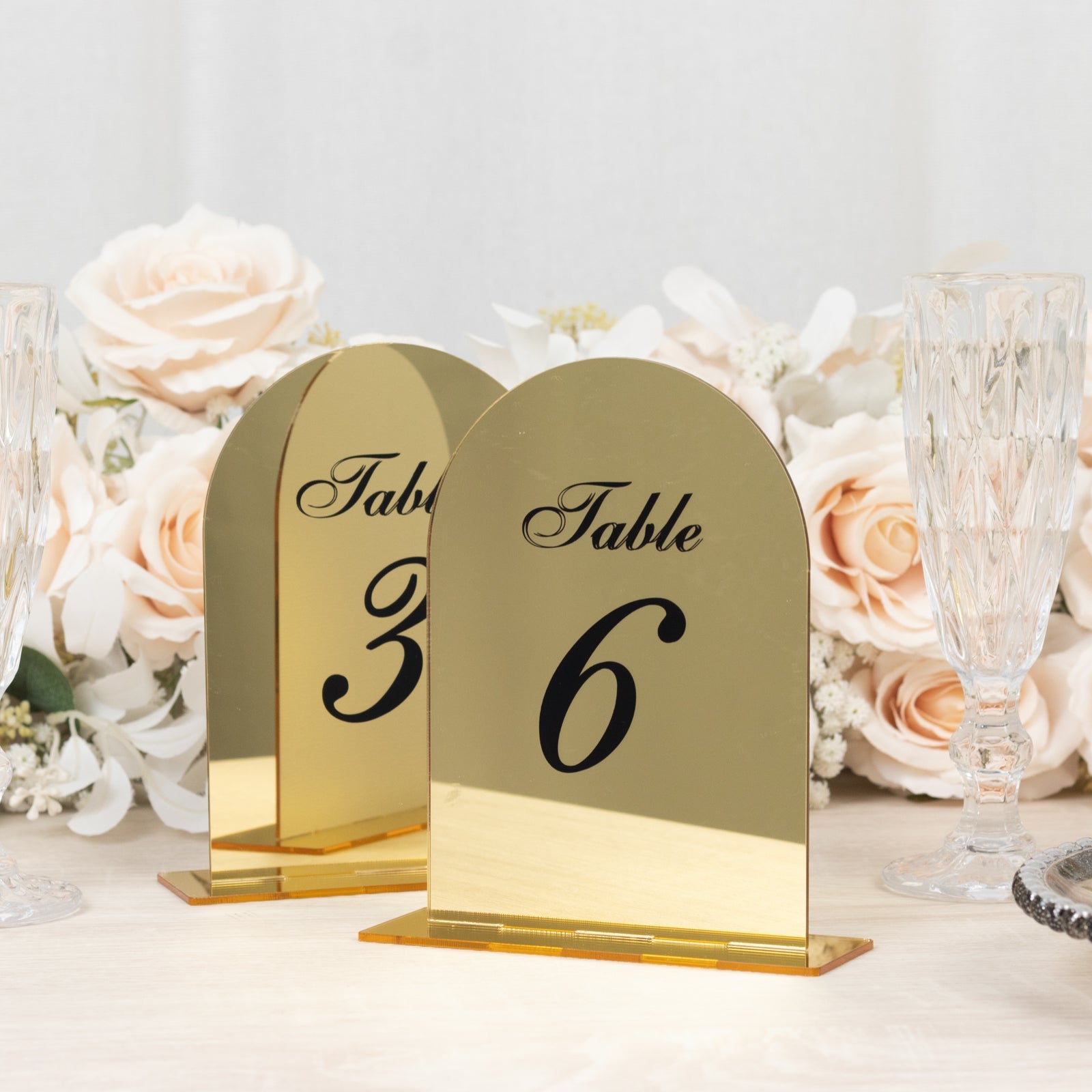 Gold Acrylic Arch Mirror Table Numbers (1 - 10) - 6x7 Wedding Reception Signs with Black Print & Stands