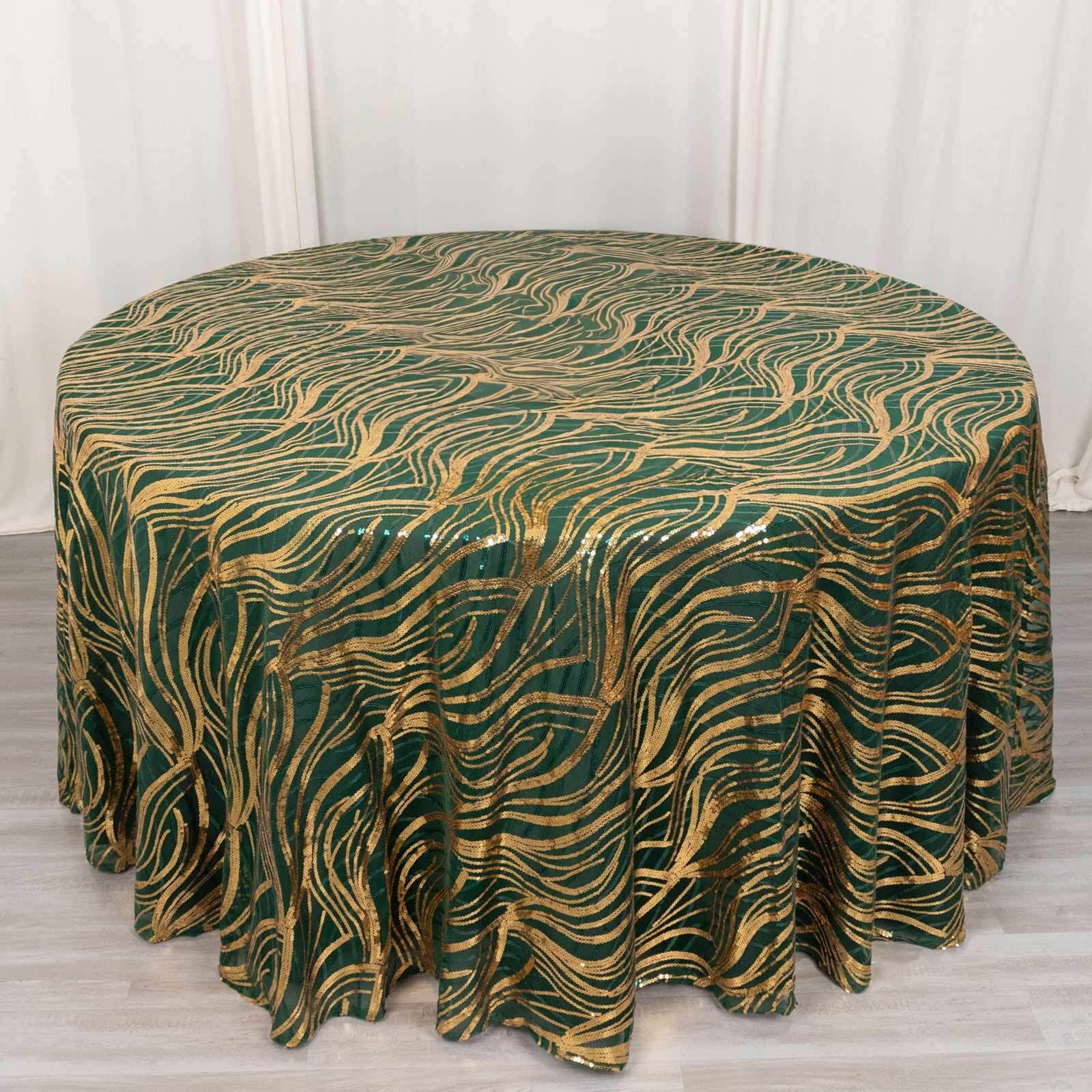 120-Inch Round Seamless Sparkly Wave Sequin Mesh Tablecloth in Hunter Emerald Green & Gold