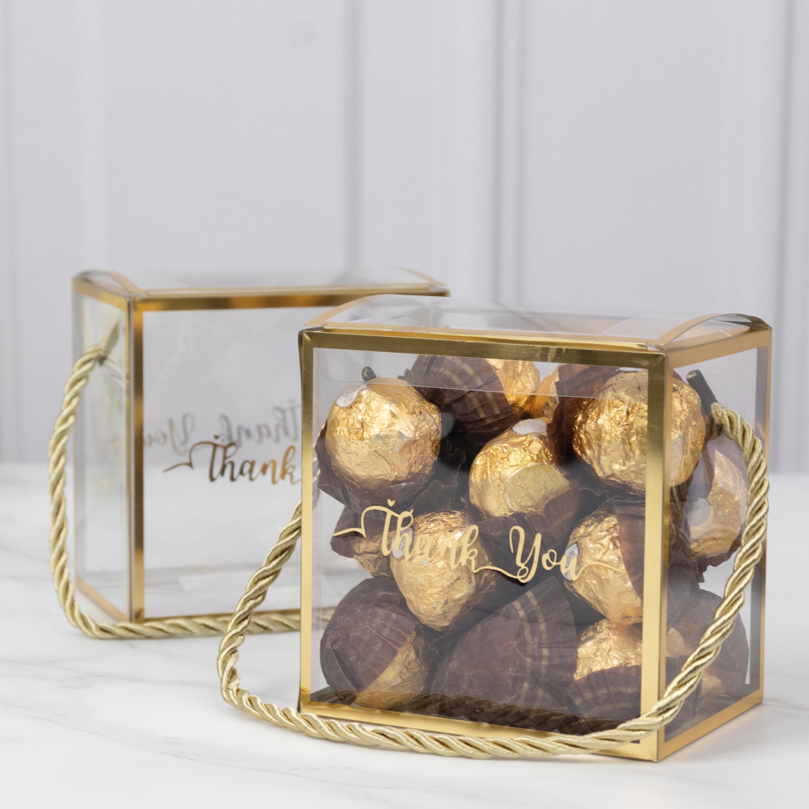 25-Piece Set of Clear Plastic Square Gift Boxes with Gold Trim and Rope Handles, Pre-Printed Thanks