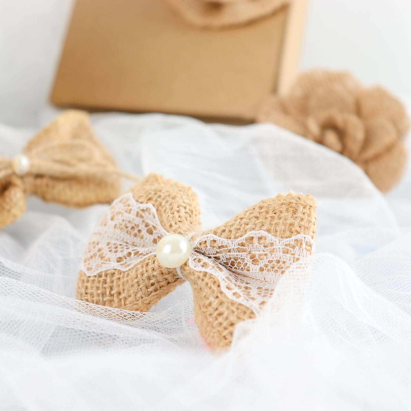 24 Pcs Natural Burlap Flower and Bow Set with Lace Ribbon, 8 Assorted Styles, 30 Sticker Dots Included