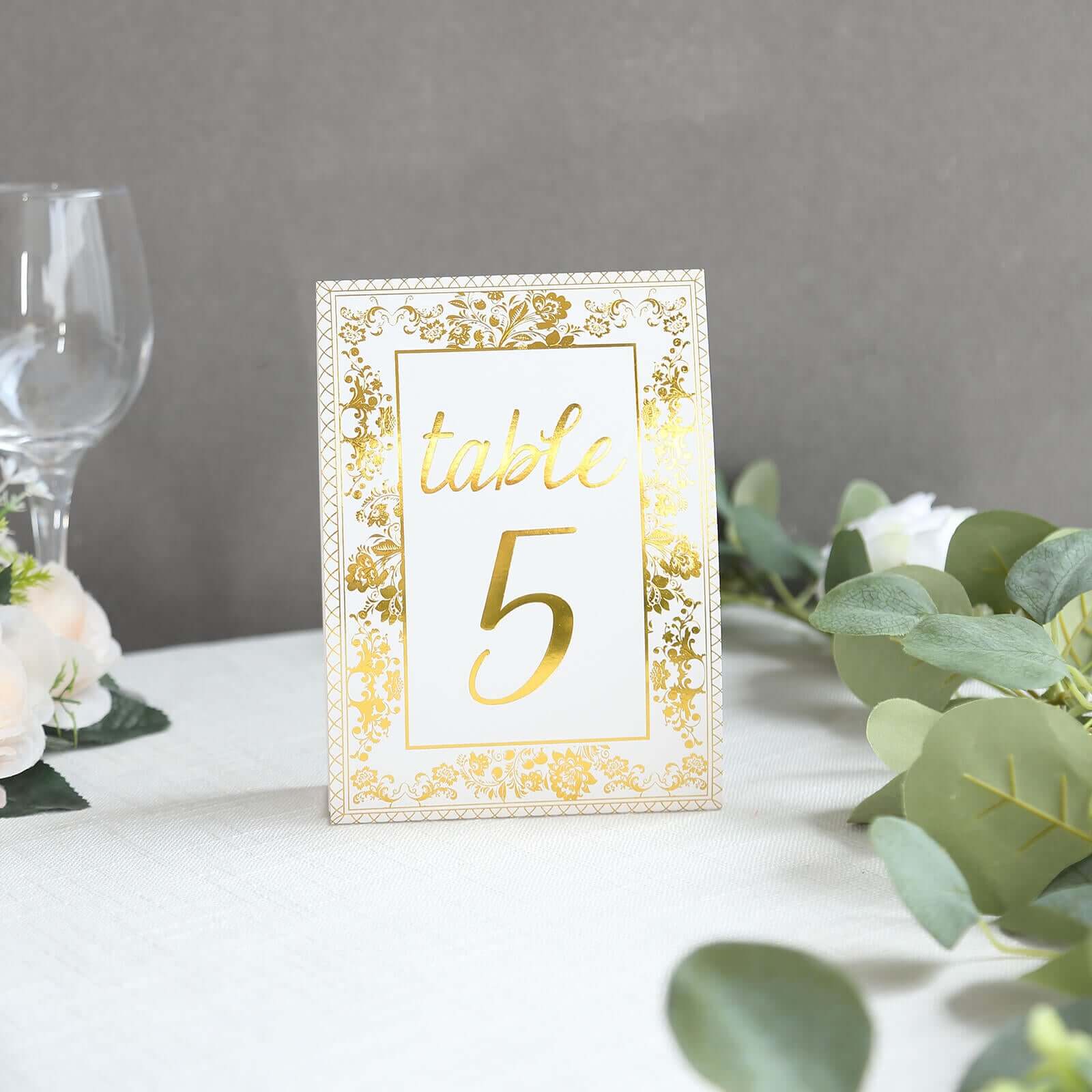 25-Piece Set of Double-Sided Free-Standing Wedding Table Numbers 1-25 in White & Metallic Gold French Toile Style