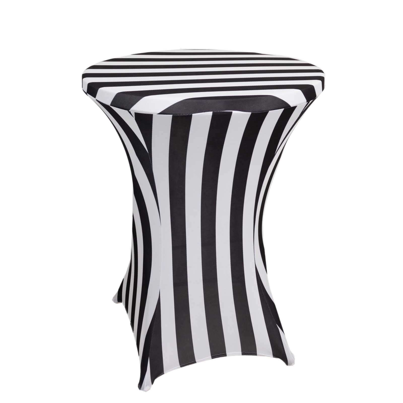 Black/White Striped Spandex 32-Inch Fitted Stretch Cocktail Table Cover - Low-Maintenance