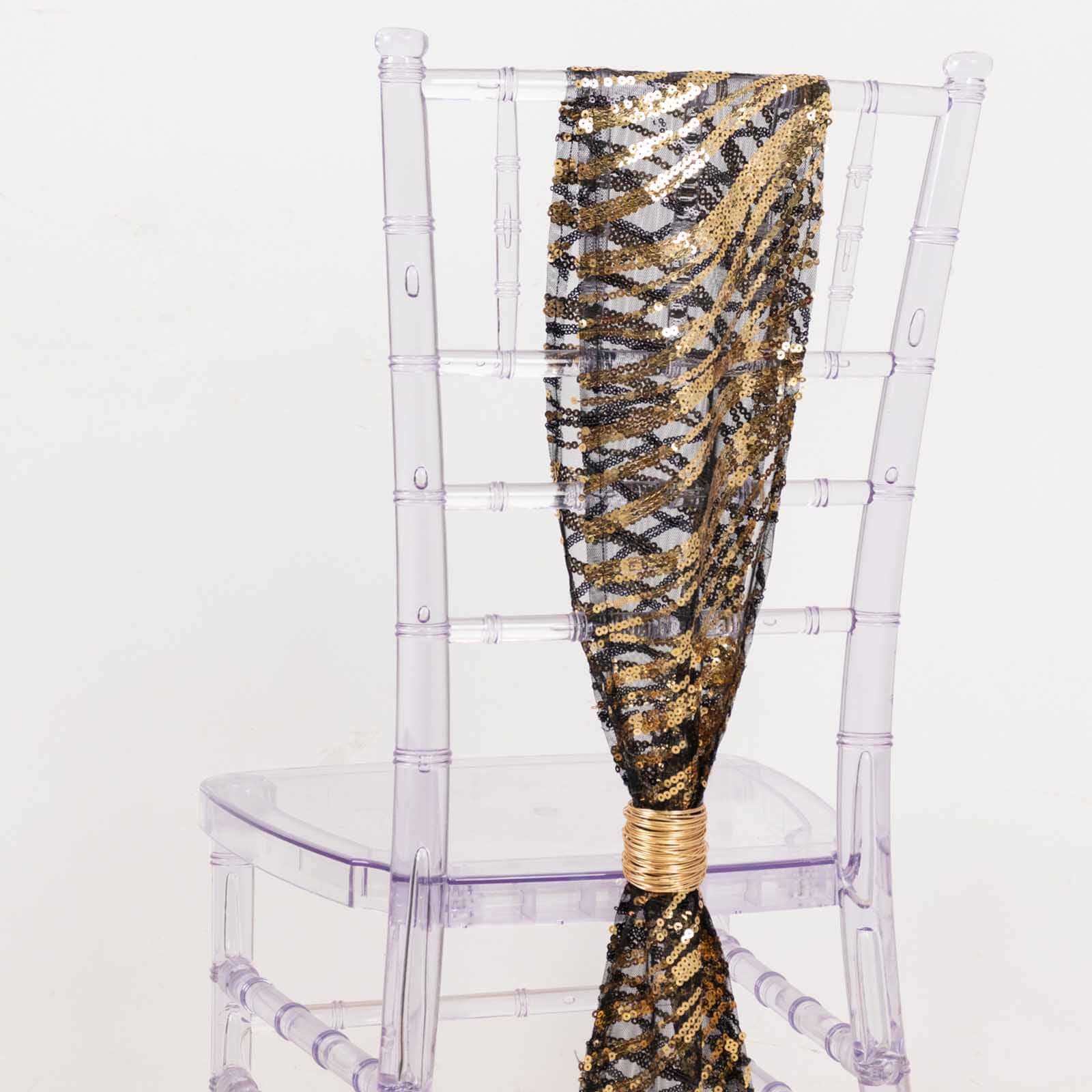 Set of 5 Black/Gold Wave Embroidered Sequin Chair Sashes - Elegant Wedding Decor