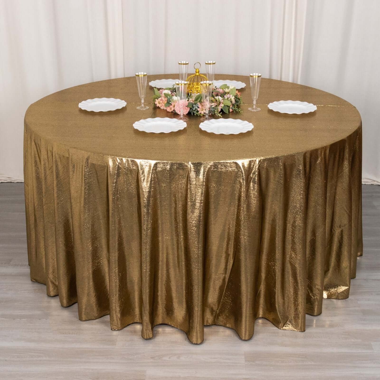 Antique Gold Sequin Dots Polyester 120' Round Wrinkle-Free Sparkling Tablecloth - Ideal for Events