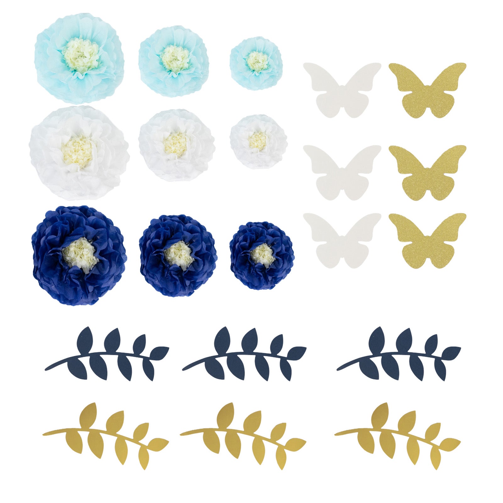 21-Piece Tissue Paper Pom Pom Decor Kit - White & Blue 3D Chrysanthemum Wall Decor with Butterflies & Olive Leaves