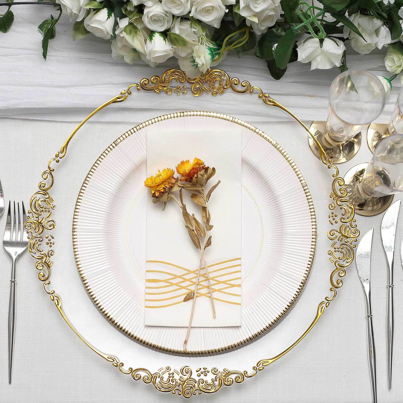 Hot Sale! 6-Pack 13-inch Clear Acrylic Round Charger Plates with Gold Embossed Baroque Rim for Antique Dinner Parties