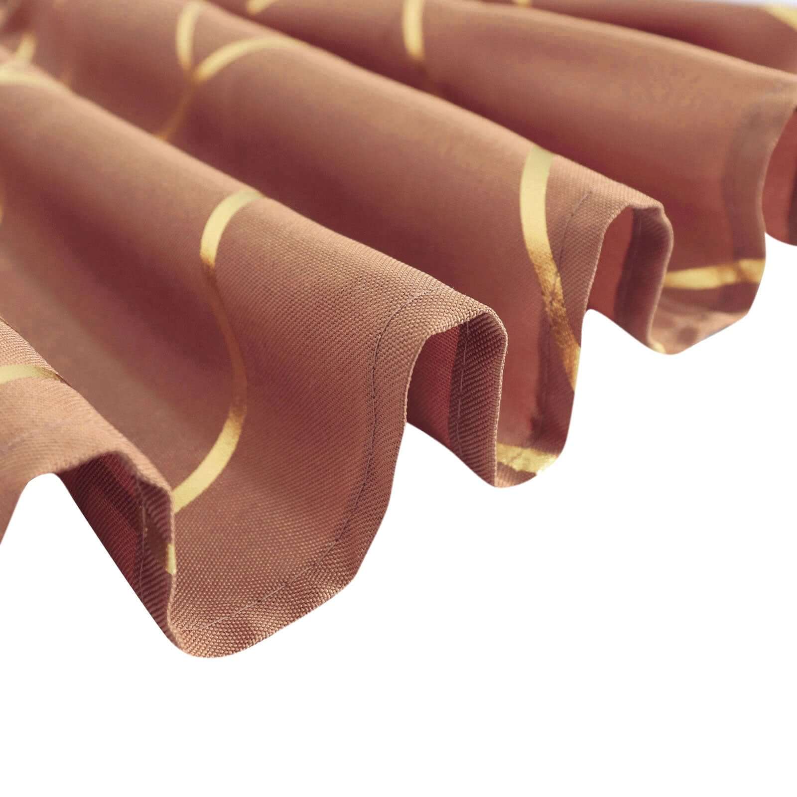 Wrinkle-Resistant Seamless Polyester Round Tablecloth in Terracotta with Gold Foil Geometric Design