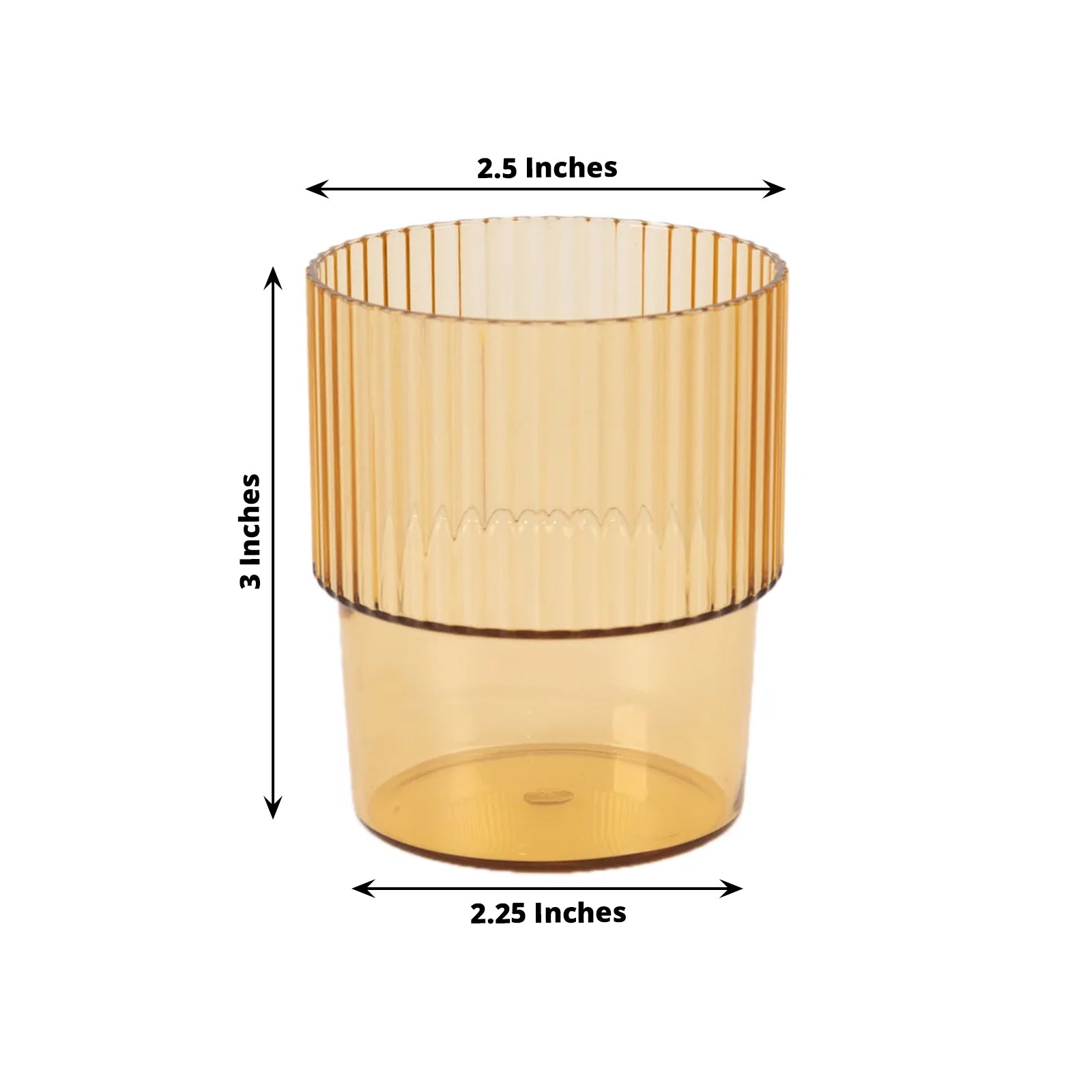 12-Piece Set of Reusable 7oz Stackable Amber Gold Plastic Drinking Glasses with Ribbed Pattern