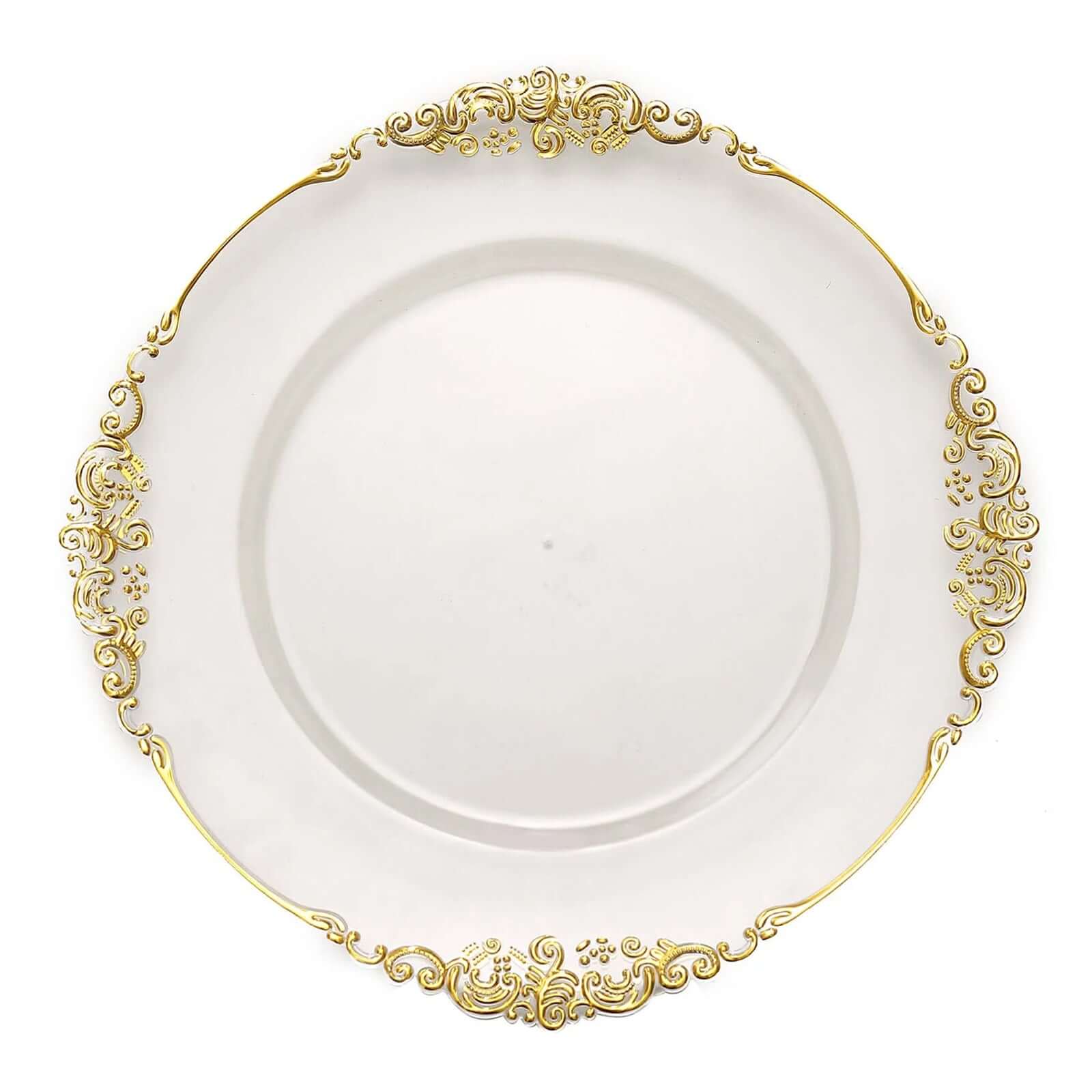 Hot Sale! 6-Pack 13-inch Clear Acrylic Round Charger Plates with Gold Embossed Baroque Rim for Antique Dinner Parties