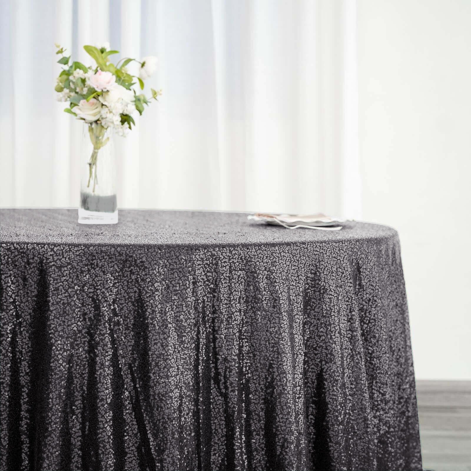 Black Seamless 132-inch Round Sequin Tablecloth for Stunning Decor