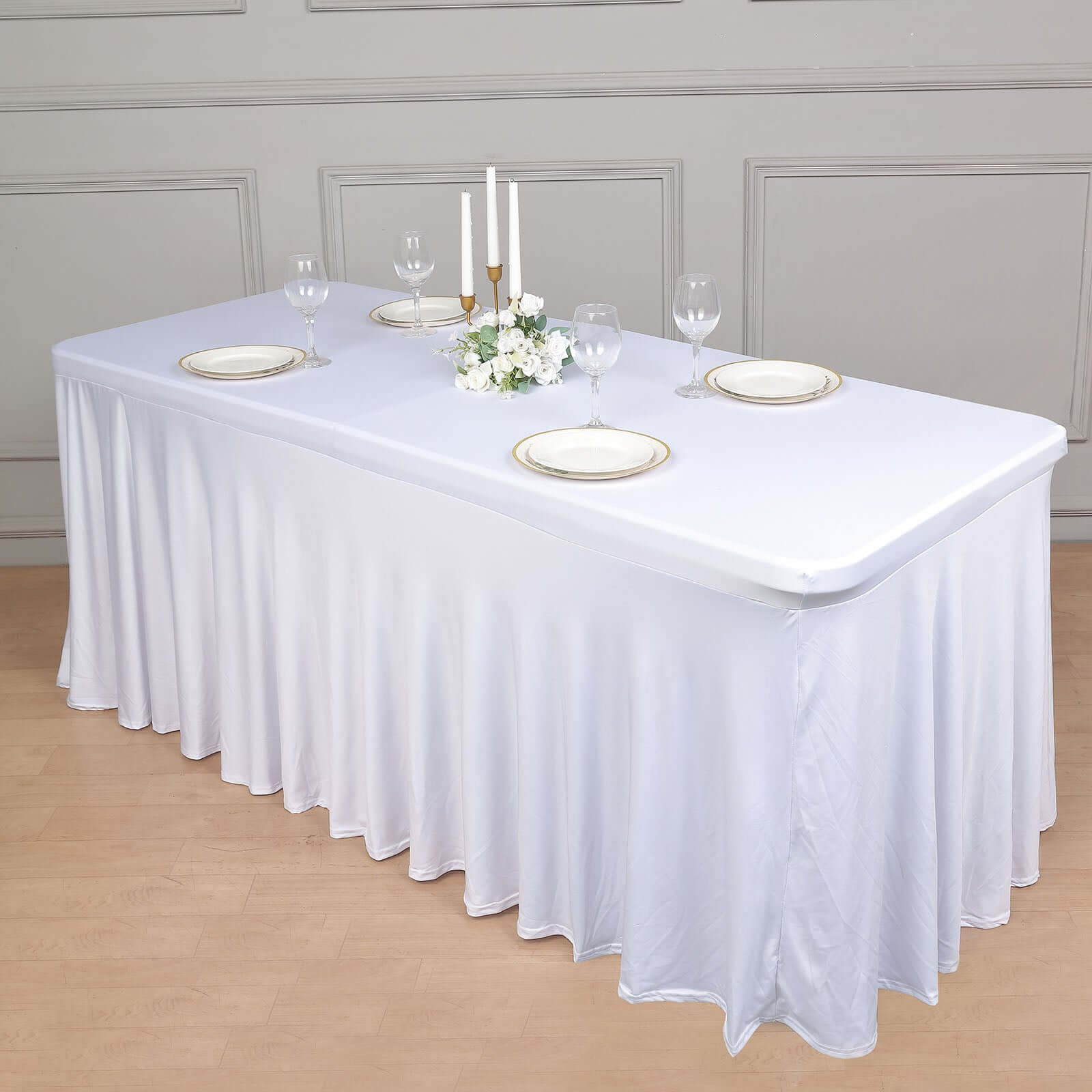 Stylish White Spandex Table Skirt with Wavy Effect for Weddings, Banquets & Trade Shows