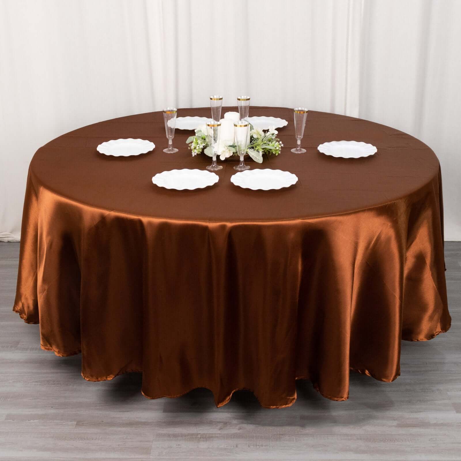 Hot Sale! Smooth and Lustrous Cinnamon Brown Satin Round Tablecloth, 108 Inches in Diameter