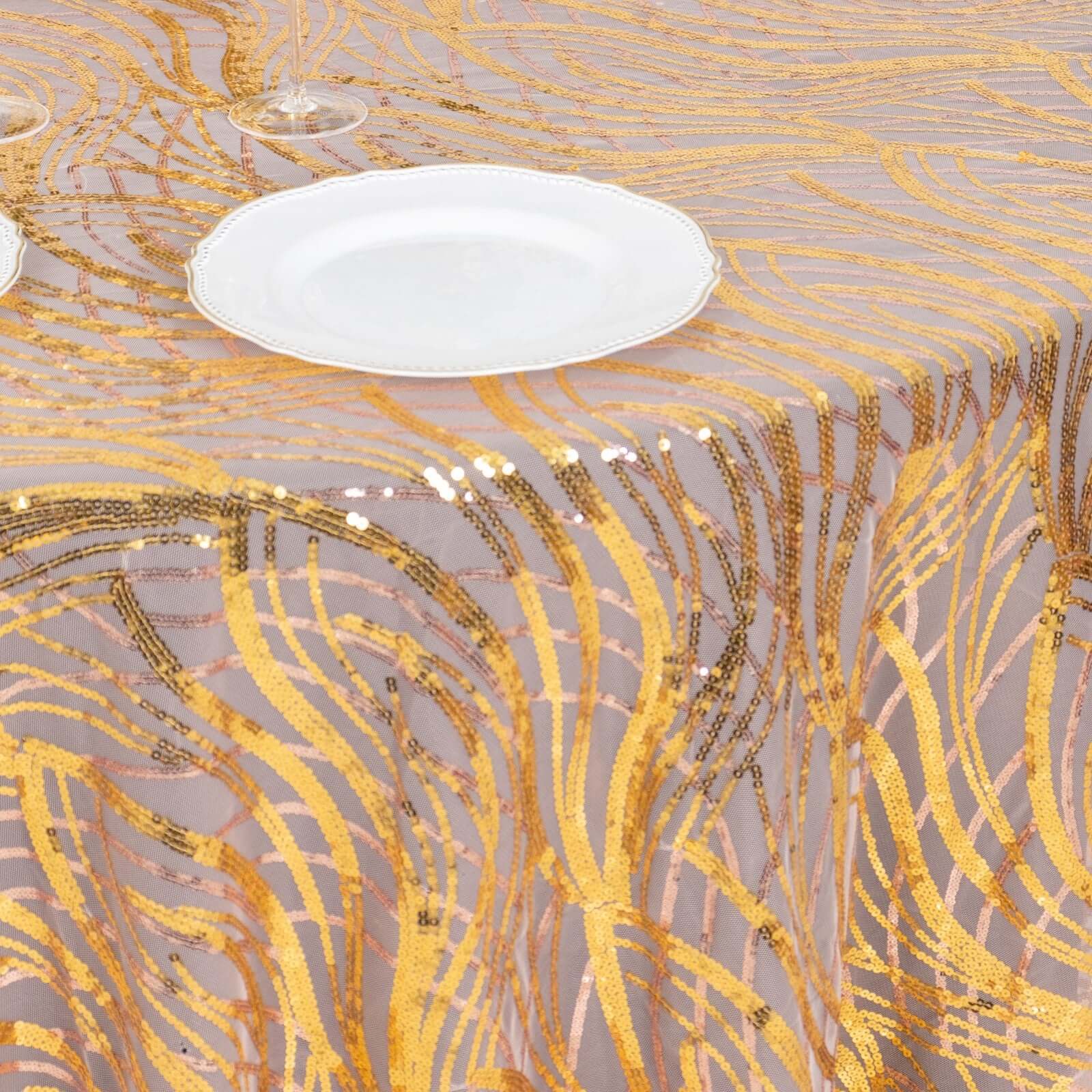 Hot! Rose Gold/Gold Sequin Mesh 120" Round Seamless Tablecloth