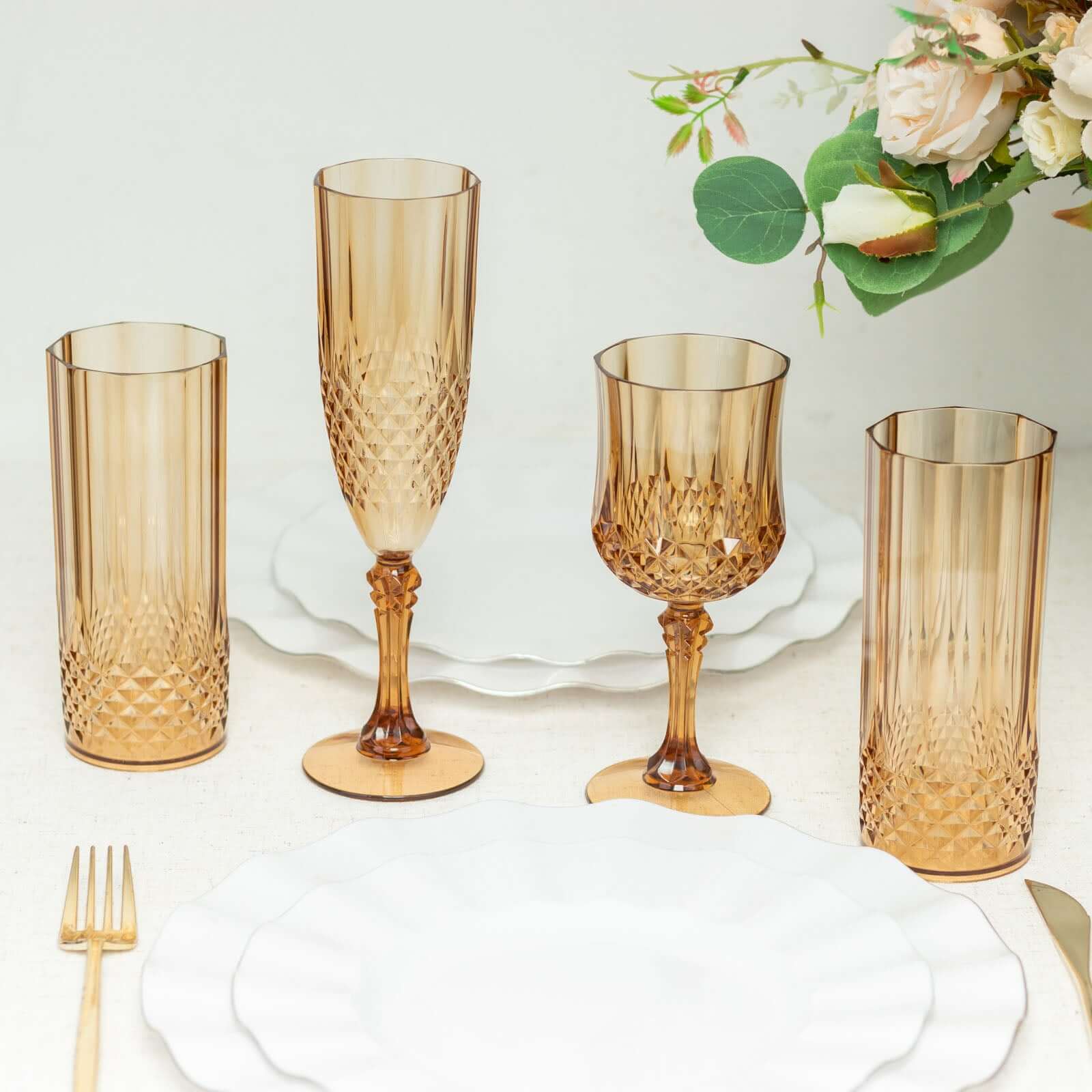 14oz Shatterproof 6-Pack Amber Gold Plastic Cocktail Tumblers with Crystal Cut Style