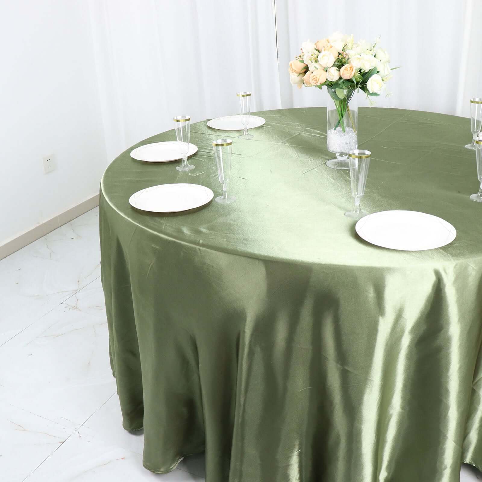 Hot Sale! 120-Inch Round Satin Tablecloth in Dusty Sage Green - Stylish Seamless Table Cover