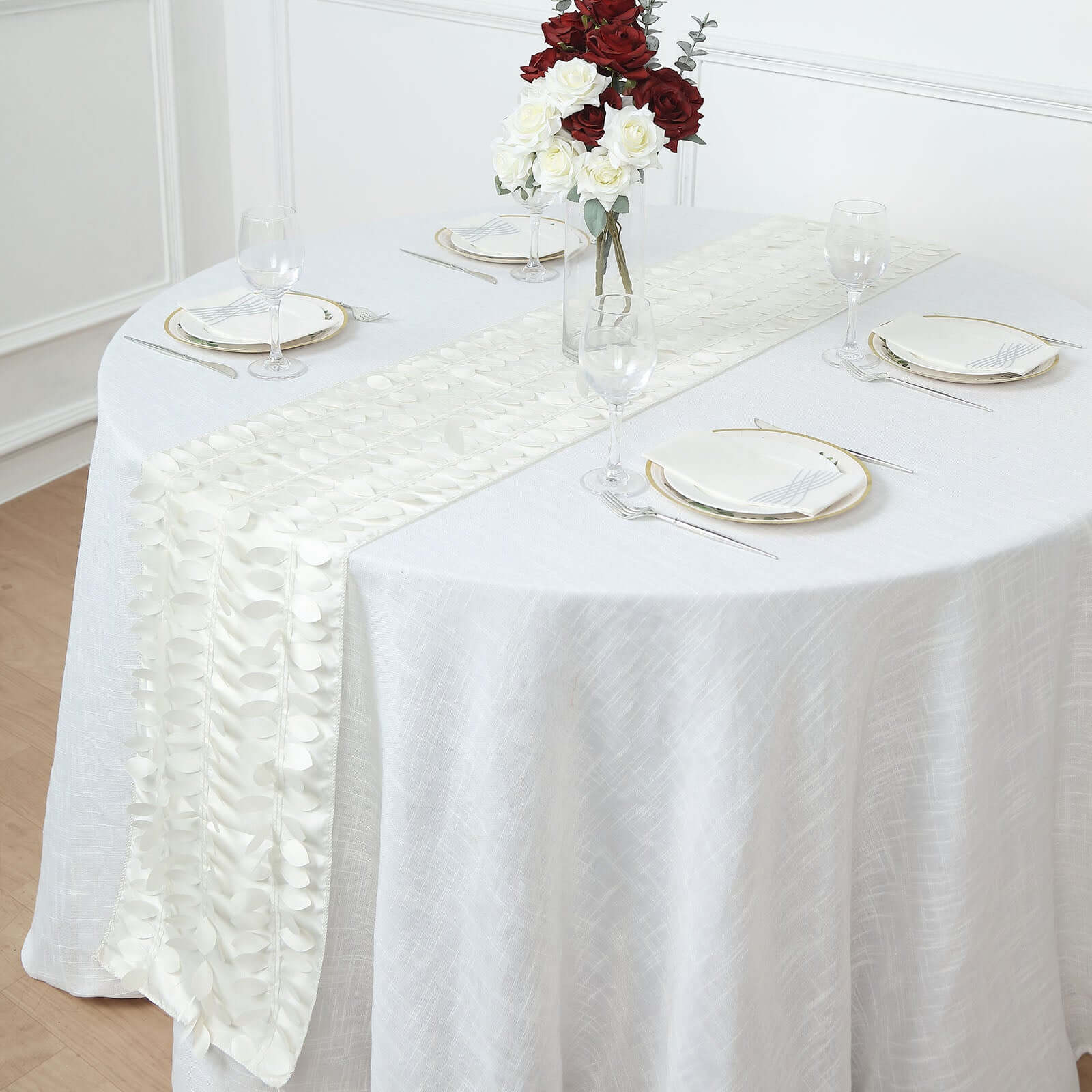 Hot! Ivory Taffeta Table Runner with 3D Leaf Petal Design, 12x108