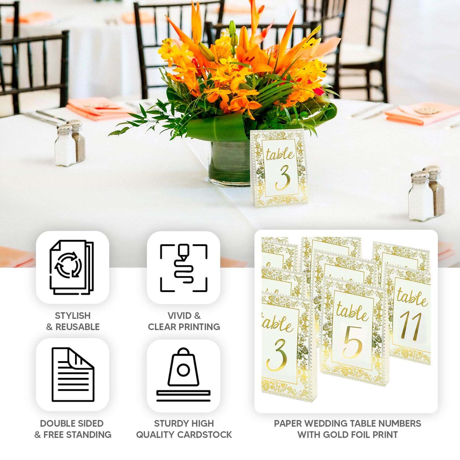 25-Piece Set of Double-Sided Free-Standing Wedding Table Numbers 1-25 in White & Metallic Gold French Toile Style