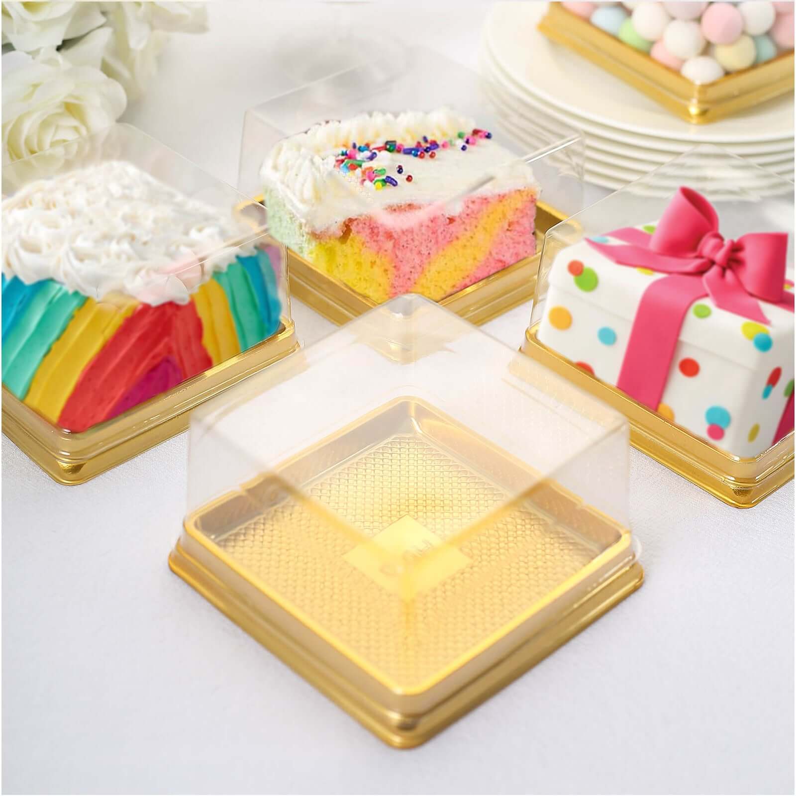 50-Pack Clear & Gold Square Mini Plastic Party Favor Boxes for Cupcakes & Desserts