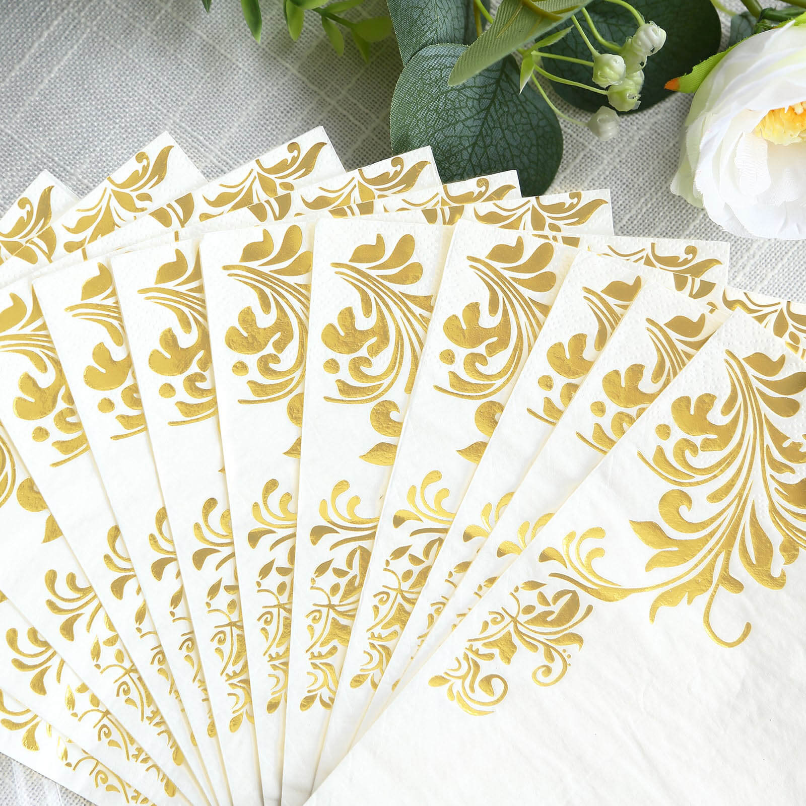 Hot! 50-Pack White Paper Dinner Napkins with Gold Baroque Floral Print