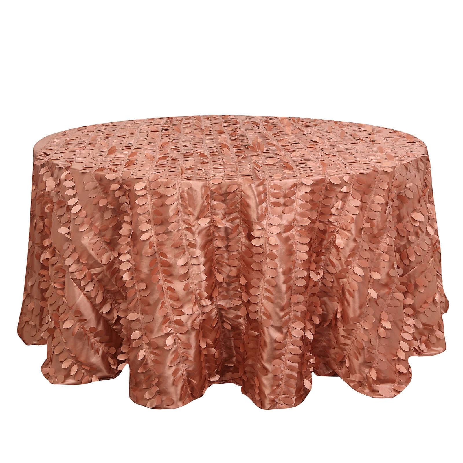 Exclusive 132' Round Taffeta Tablecloth in Terracotta (Rust) with 3D Leaf Petal Design