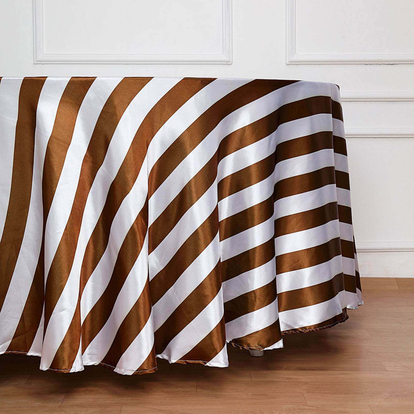 Hot Sale! 120-Inch Round Gold/White Stripe Satin Tablecloth with Seamless Smooth Finish