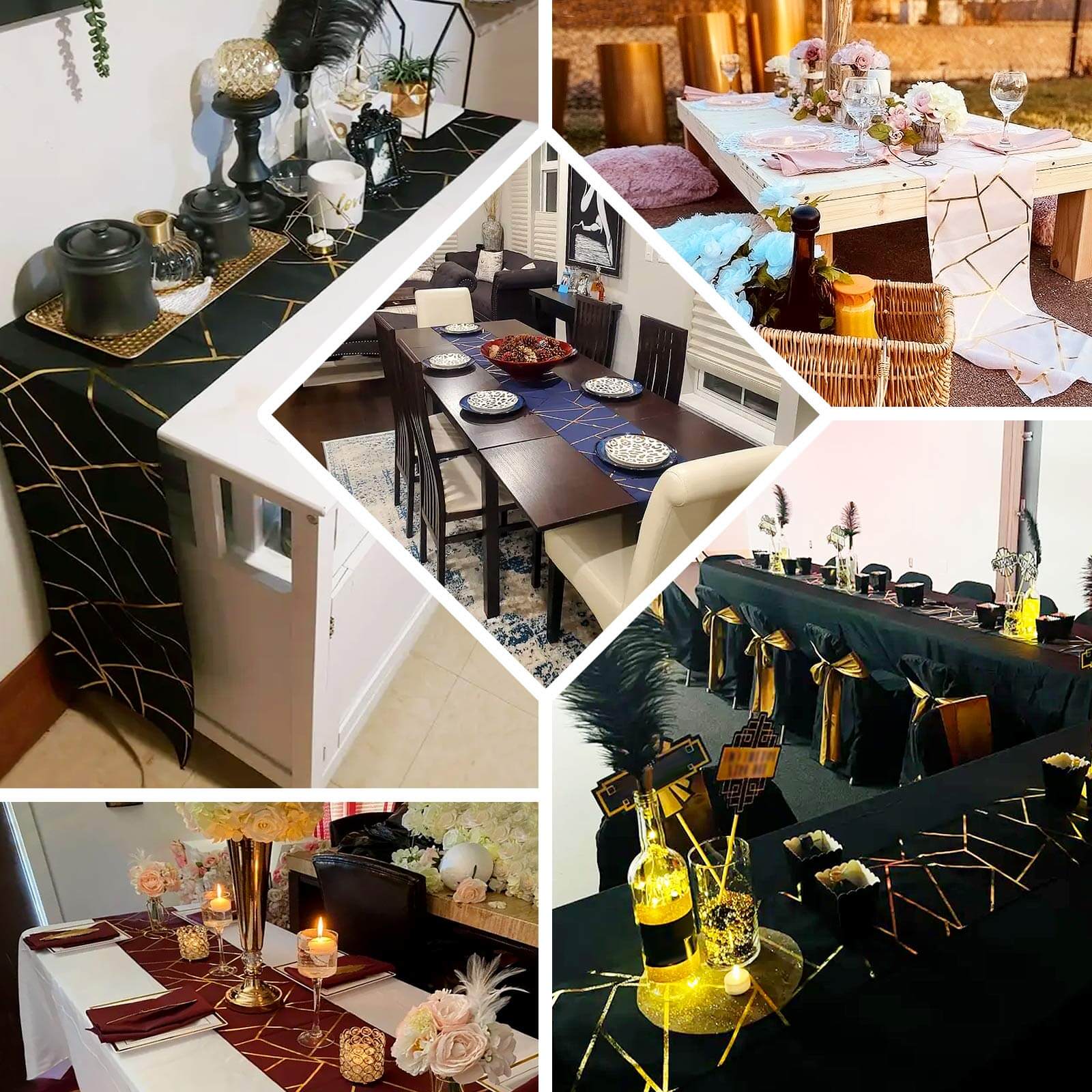 9ft Black Polyester Table Runner with Stunning Gold Foil Geometric Accent